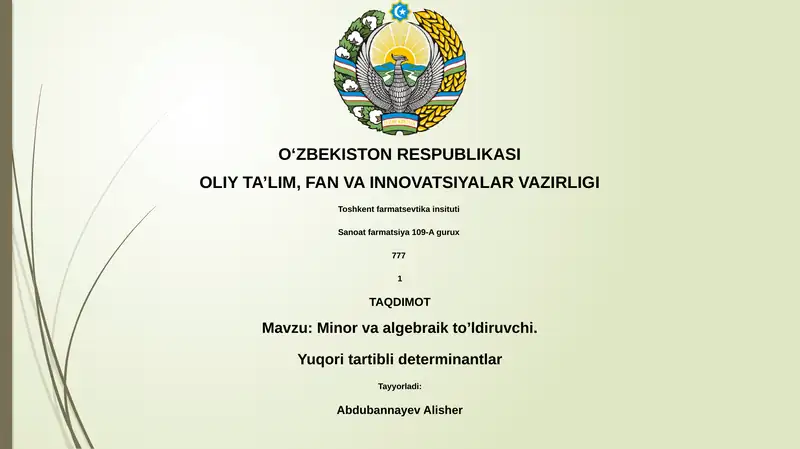 Minor va algebraik to’ldiruvchi