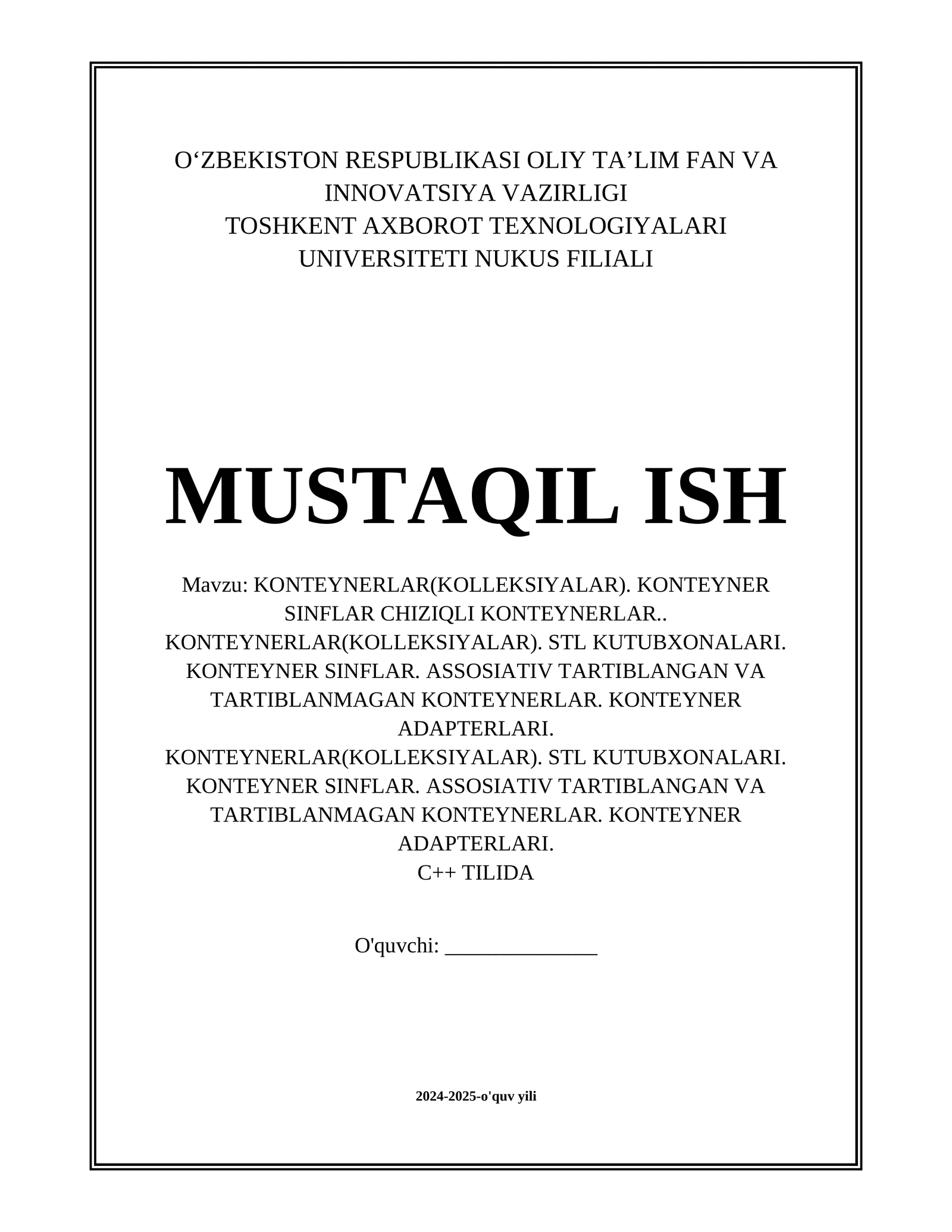 KONTEYNERLAR(KOLLEKSIYALAR). KONTEYNER SINFLAR CHIZIQLI KONTEYNERLAR.. KONTEYNERLAR(KOLLEKSIYALAR). STL KUTUBXONALARI. KONTEYNER SINFLAR. ASSOSIATIV TARTIBLANGAN VA TARTIBLANMAGAN KONTEYNERLAR. KONTEYNER ADAPTERLARI. C++ da