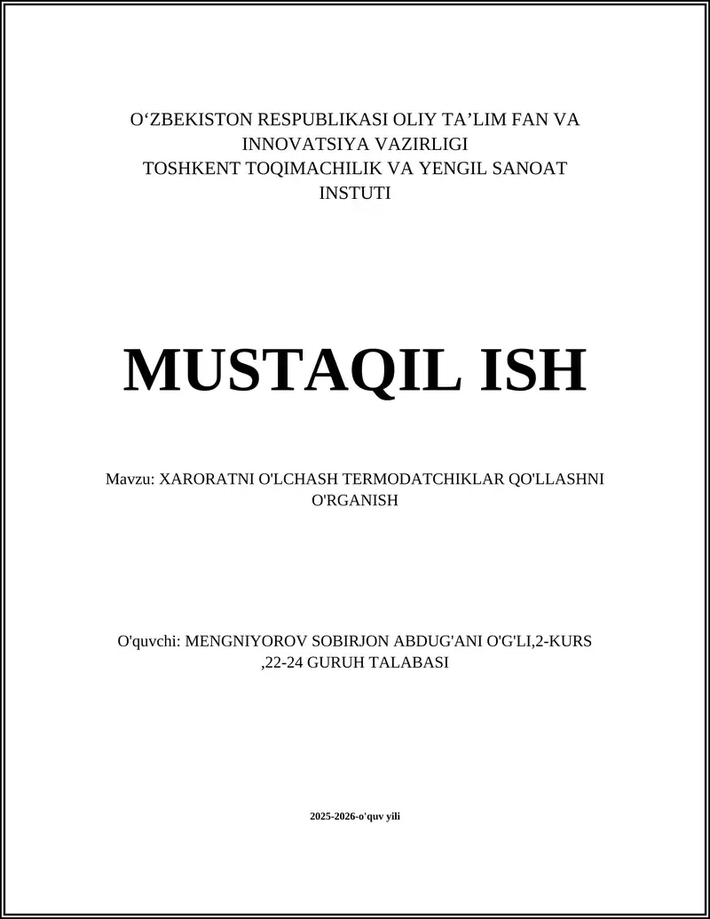 XARORATNI O'LCHASH TERMODATCHIKLAR QO'LLASHNI O'RGANISH