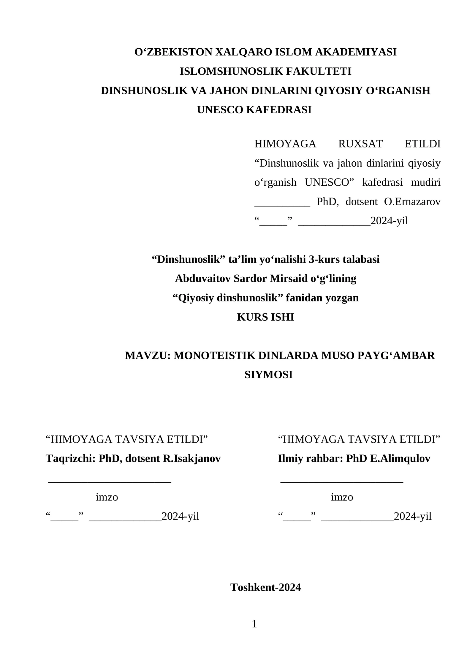 MONOTEISTIK DINLARDA MUSO PAYGʻAMBAR SIYMOSI