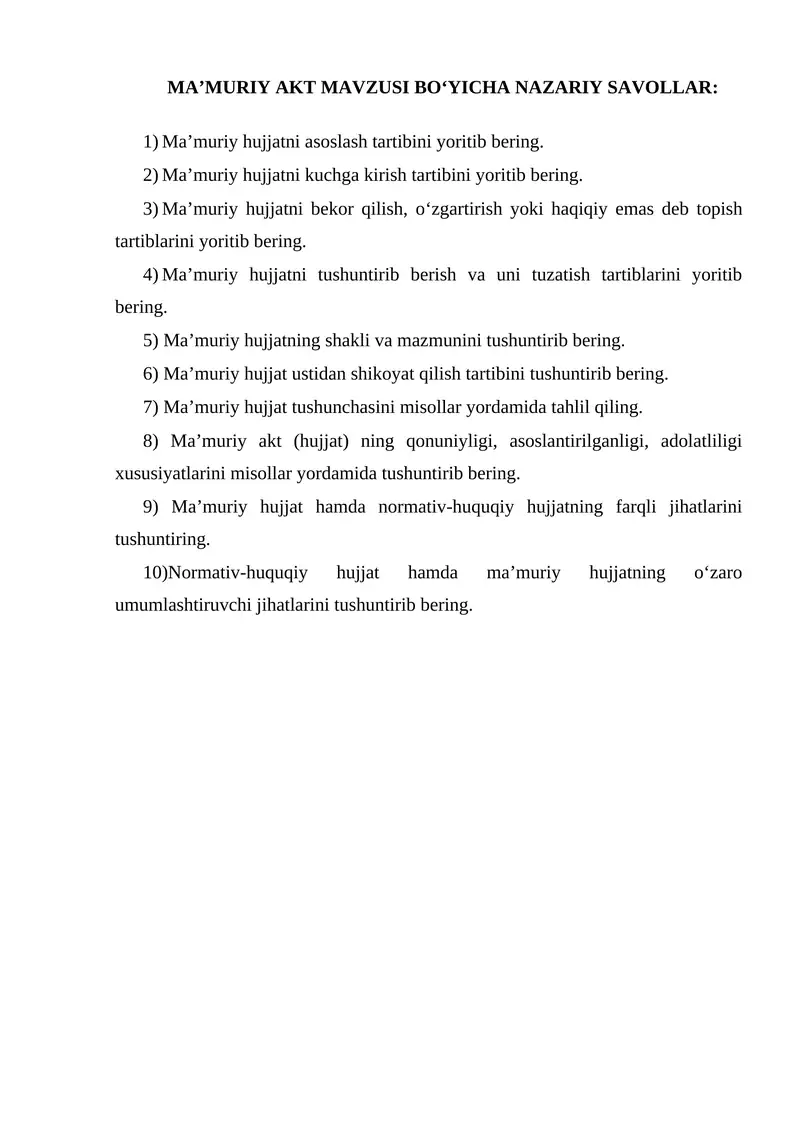 Ma’muriy Akt Mavzusi Bo‘yicha Nazariy Savollar