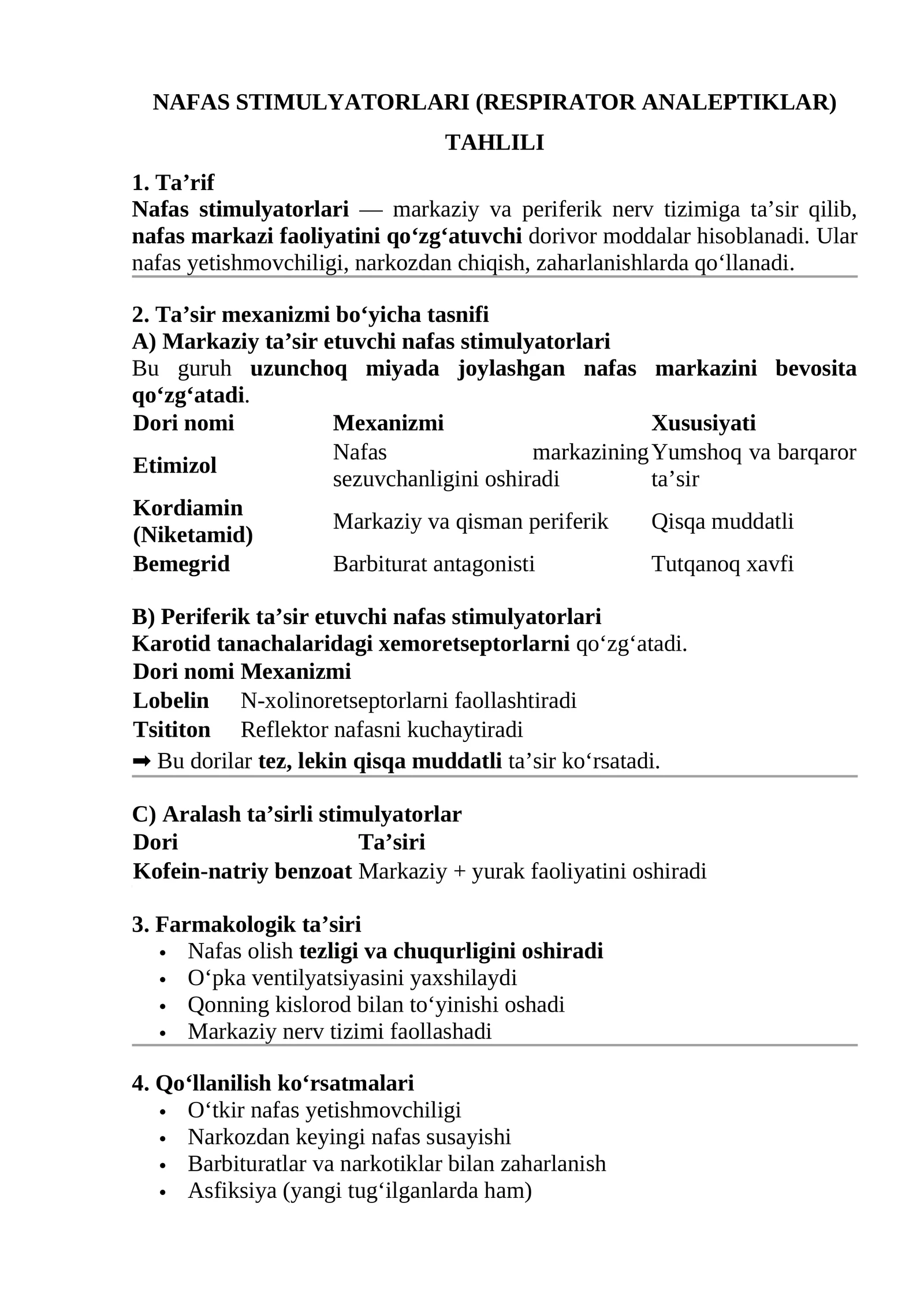 NAFAS STIMULYATORLARI (RESPIRATOR ANALEPTIKLAR) TAHLILI