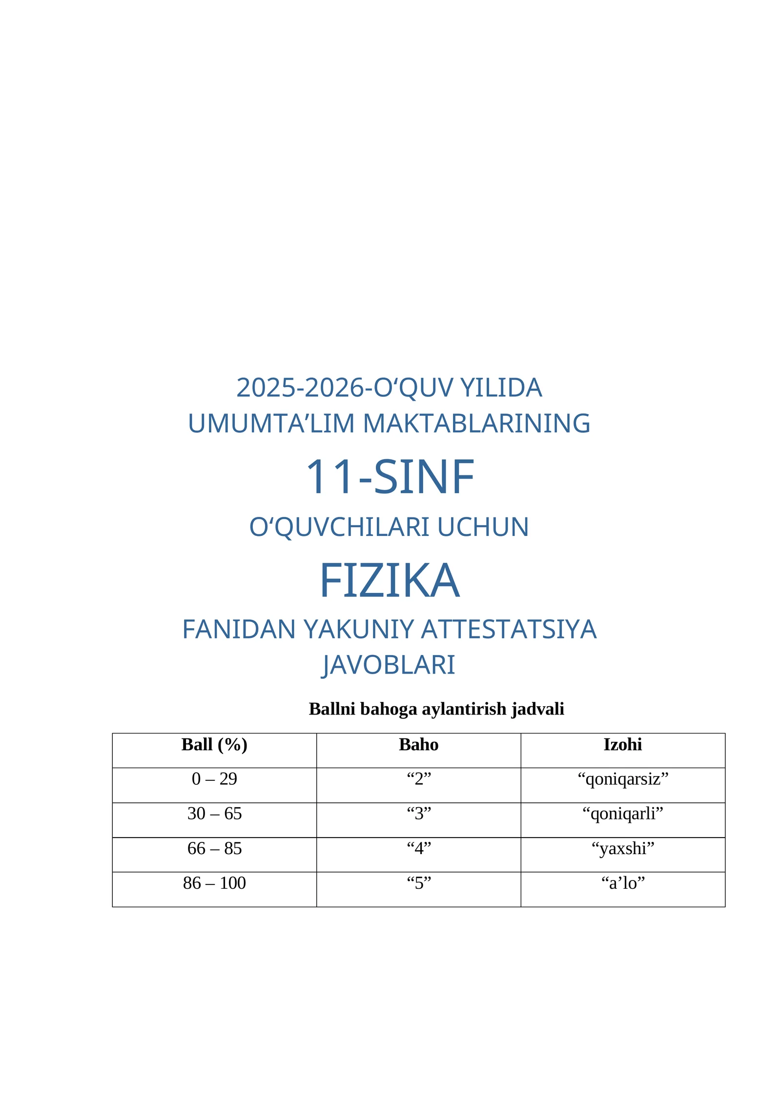 FIZIKA FANIDAN YAKUNIY ATTESTATSIYA JAVOBLARI