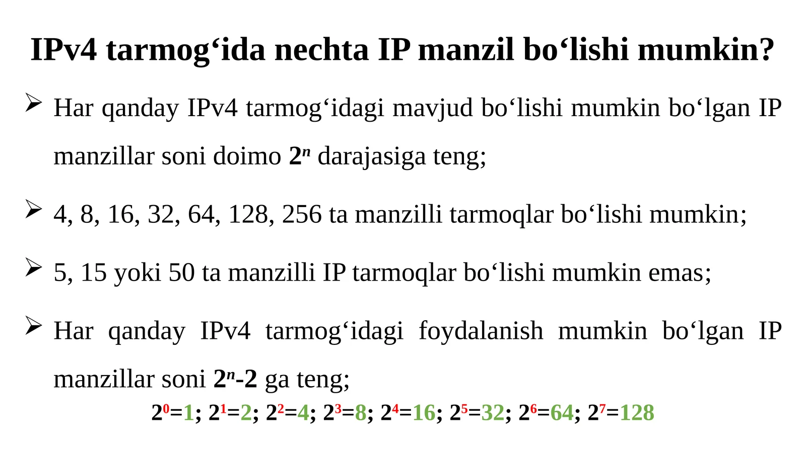 IPv4 tarmoqida nechta IP manzil bo'lishi mumkin?