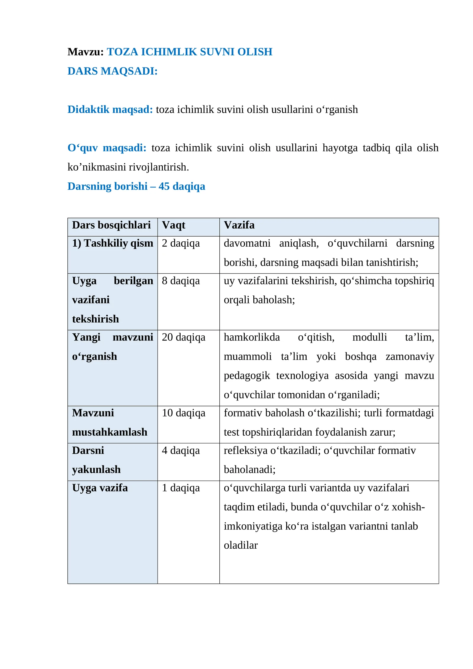 Biologiya fanidan Toza ichimlik suvni olish mavzusida ochiq dars ishlanma