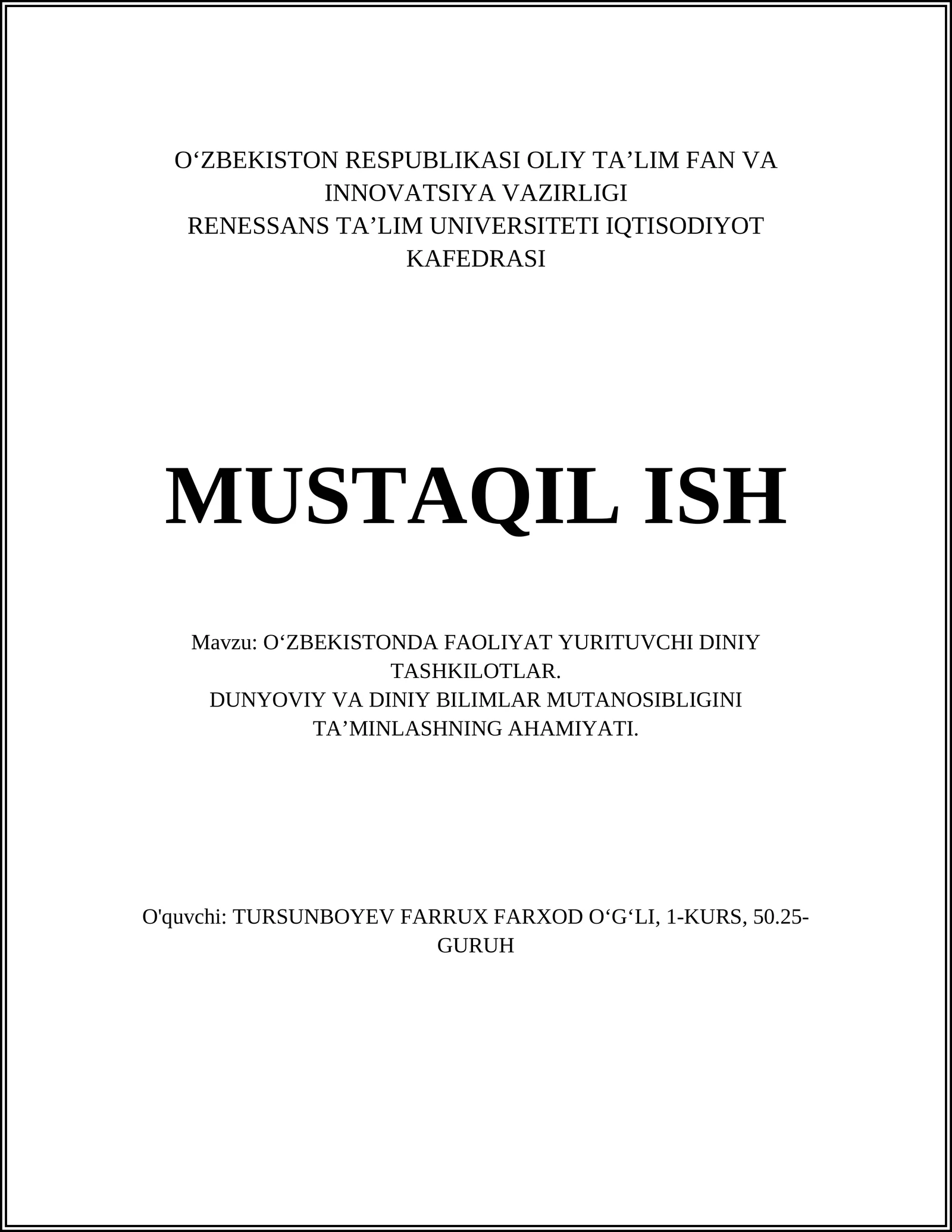 O'ZBEKISTONDA FAOLIYAT YURITUVCHI DINIY TASHKILOTLAR