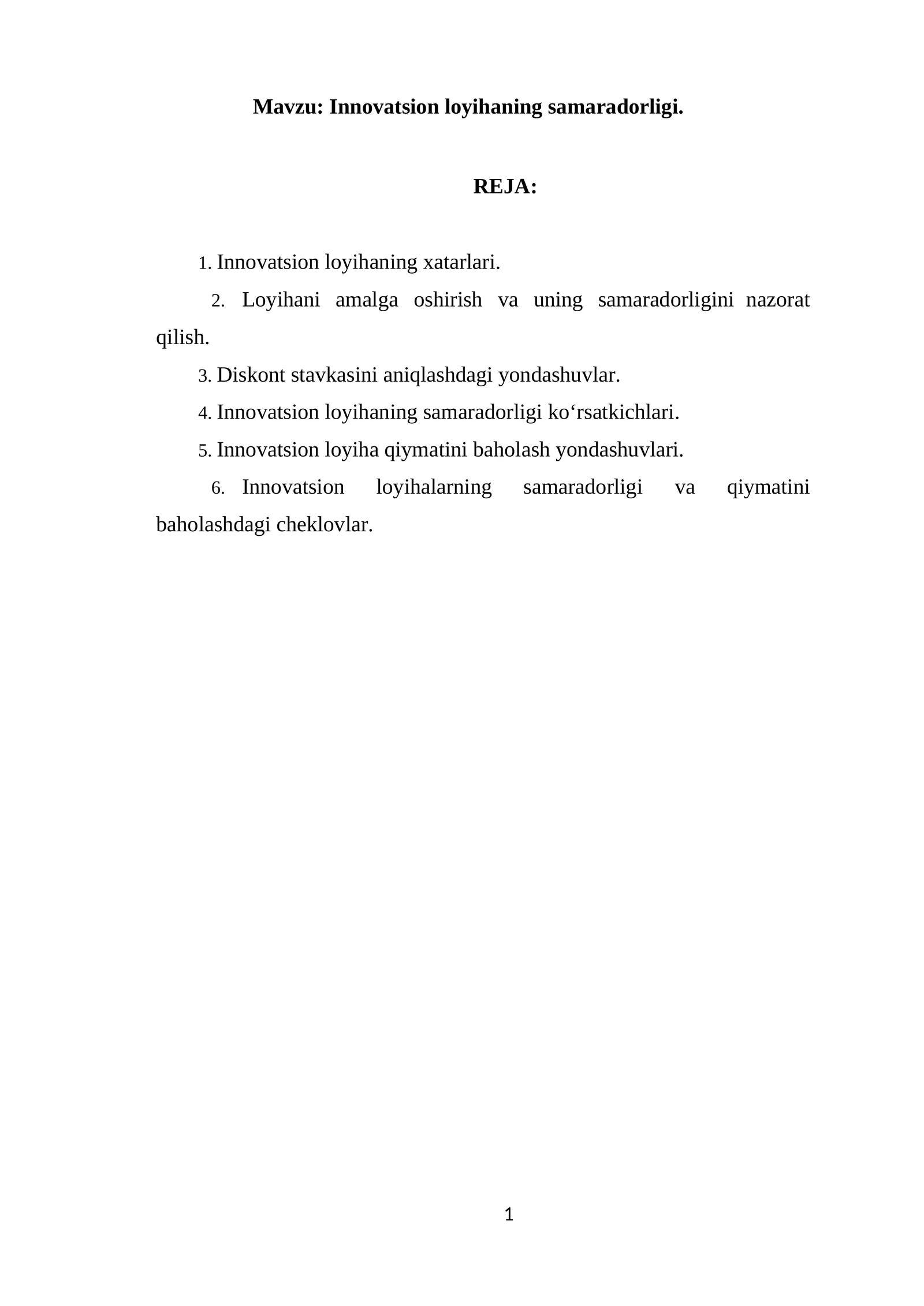 Innovatsion loyihaning samaradorligi