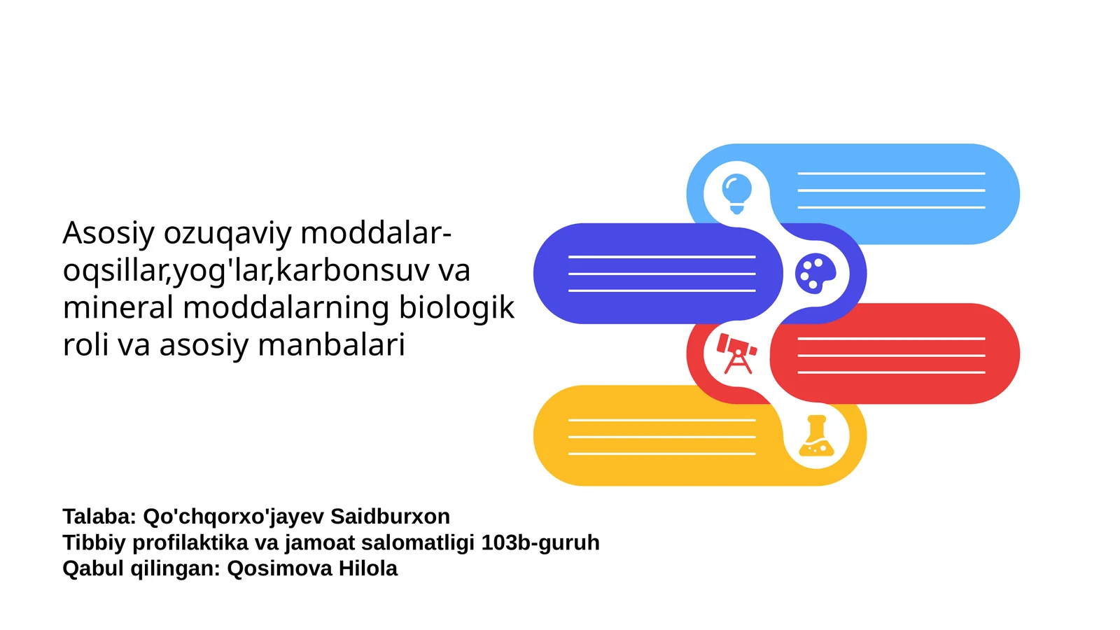Asosiy ozuqaviy moddalar-oqsillar,yog'lar,karbonsuv va mineral moddalarning biologik roli va asosiy manbalari