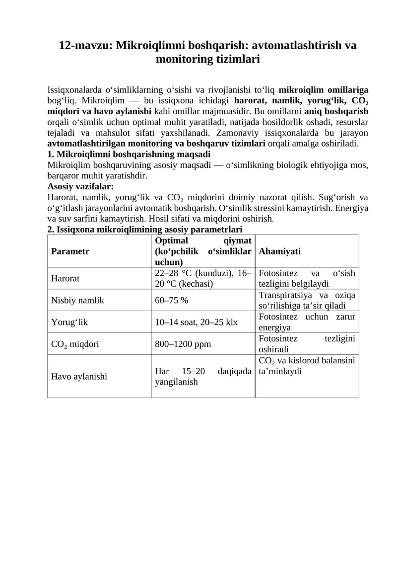 12-mavzu: Mikroiqlimni boshqarish: avtomatlashtirish va monitoring tizimlari