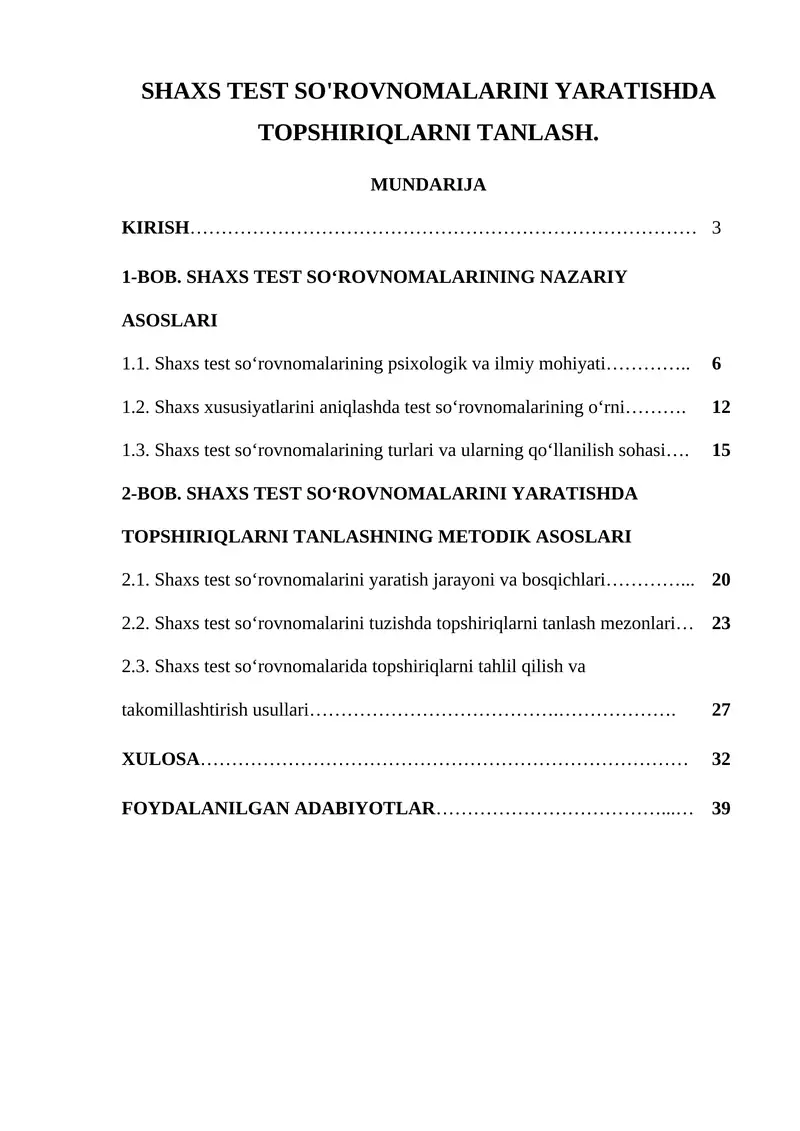 SHAXS TEST SO'ROVNOMALARINI YARATISHDA TOPSHIRIQLARNI TANLASH