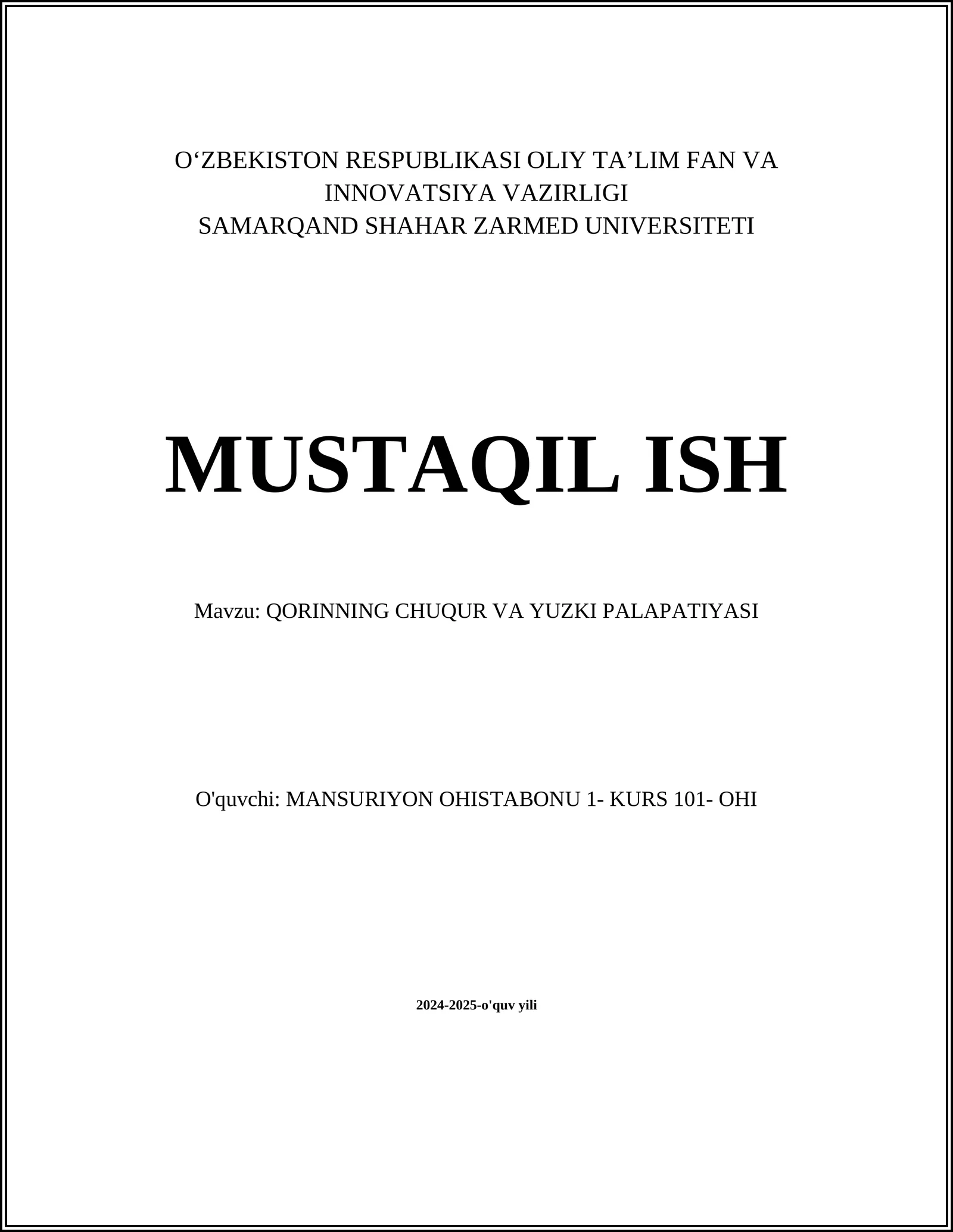 QORINNING CHUQUR VA YUZKI PALAPATIYASI