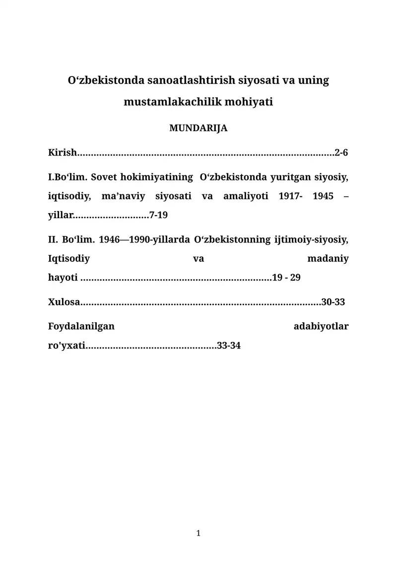 O‘zbekistonda sanoatlashtirish siyosati va uning mustamlakachilik mohiyati