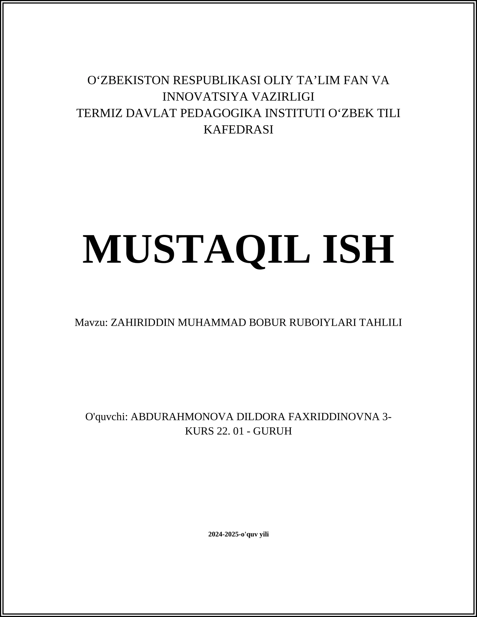 ZAHIRIDDIN MUHAMMAD BOBUR RUBOIYLARI TAHLILI