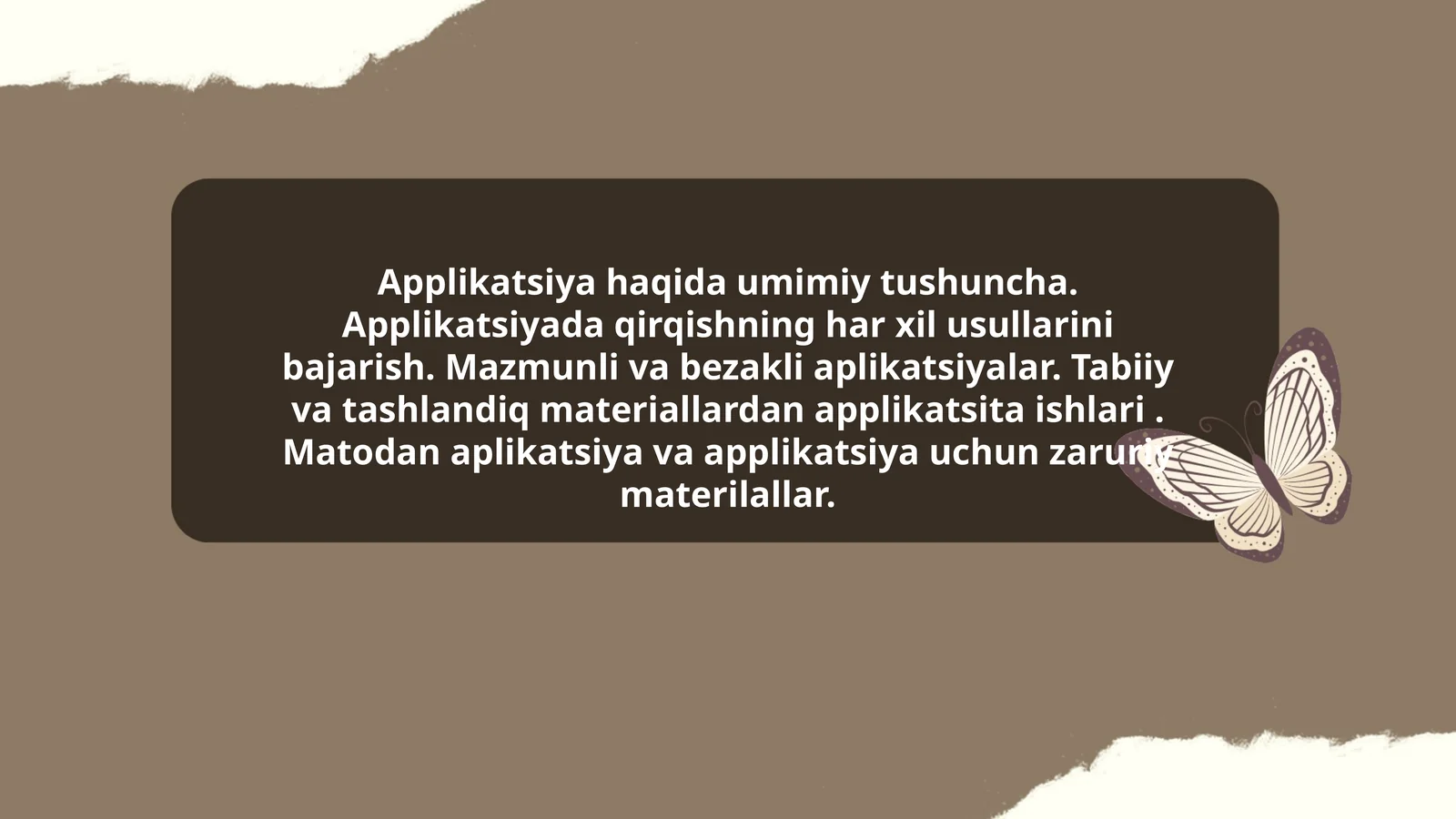Applikatsiya haqida umimiy tushuncha. Applikatsiyada qirqishning har xil usullarini bajarish. Mazmunli va bezakli aplikatsiyalar. Tabiiy va tashlandiq materiallardan applikatsita ishlari . Matodan aplikatsiya va applikatsiya uchun zaruriy materilallar.