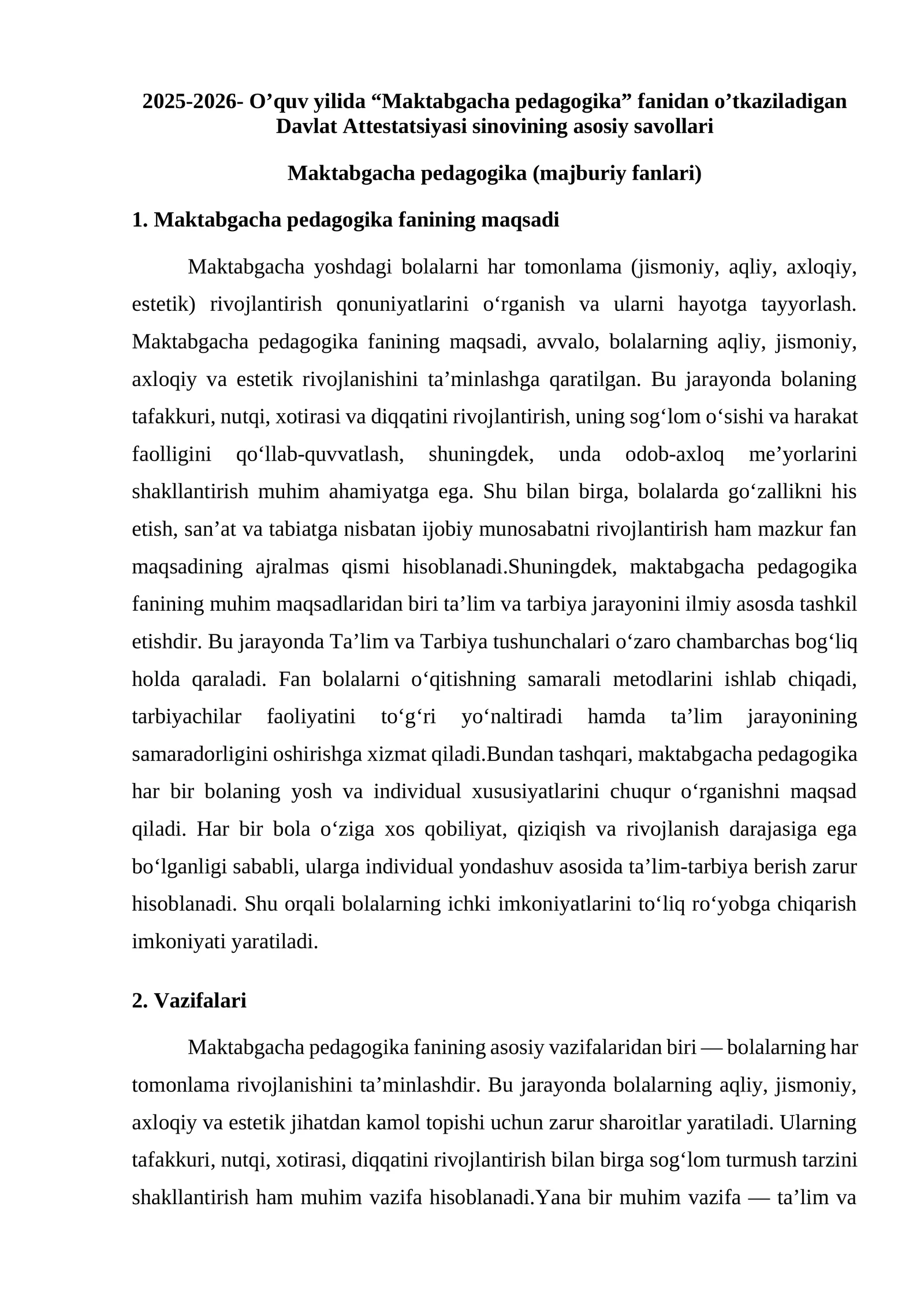 Maktabgacha pedagogika (majburiy fanlari)