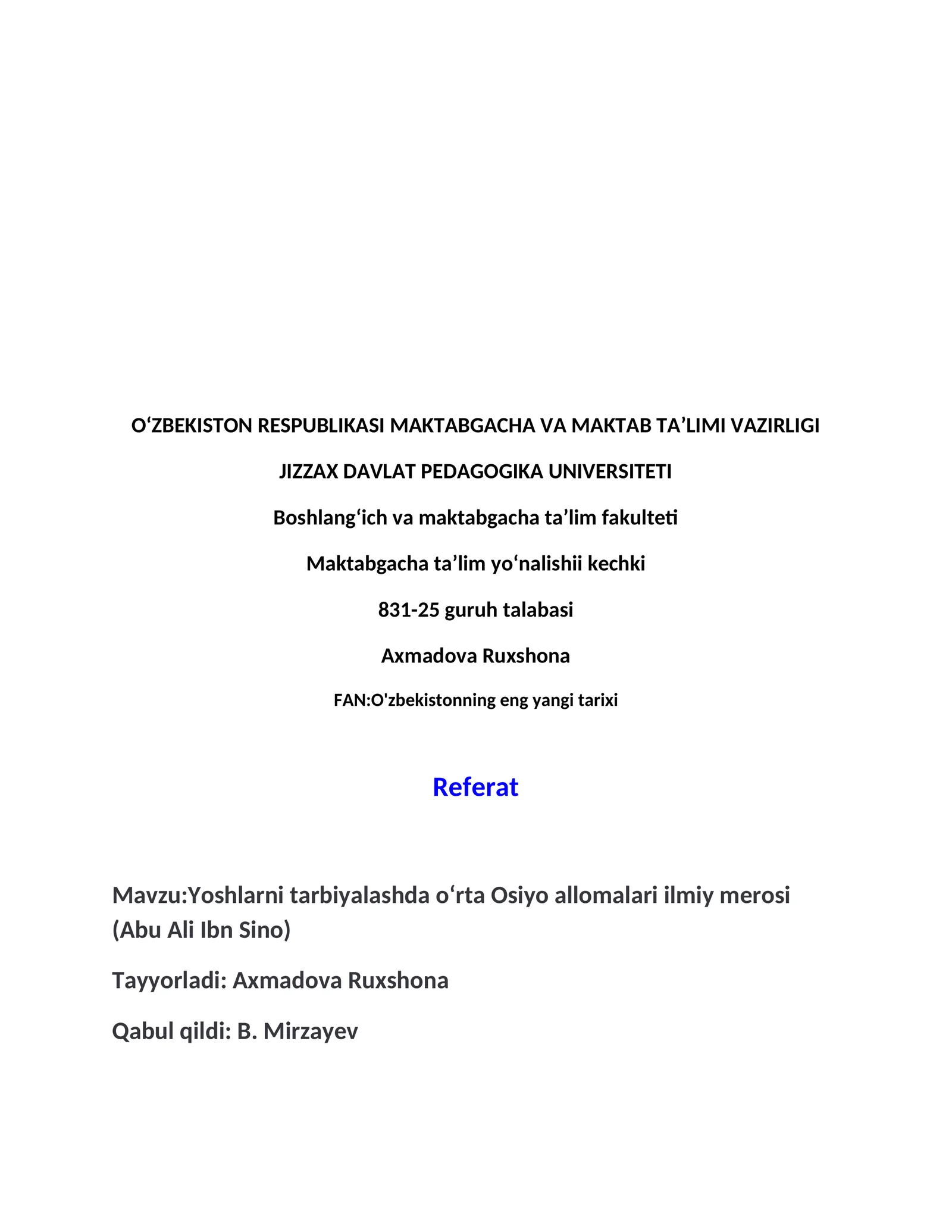 O'zbekistonning eng yangi tarixi Referat