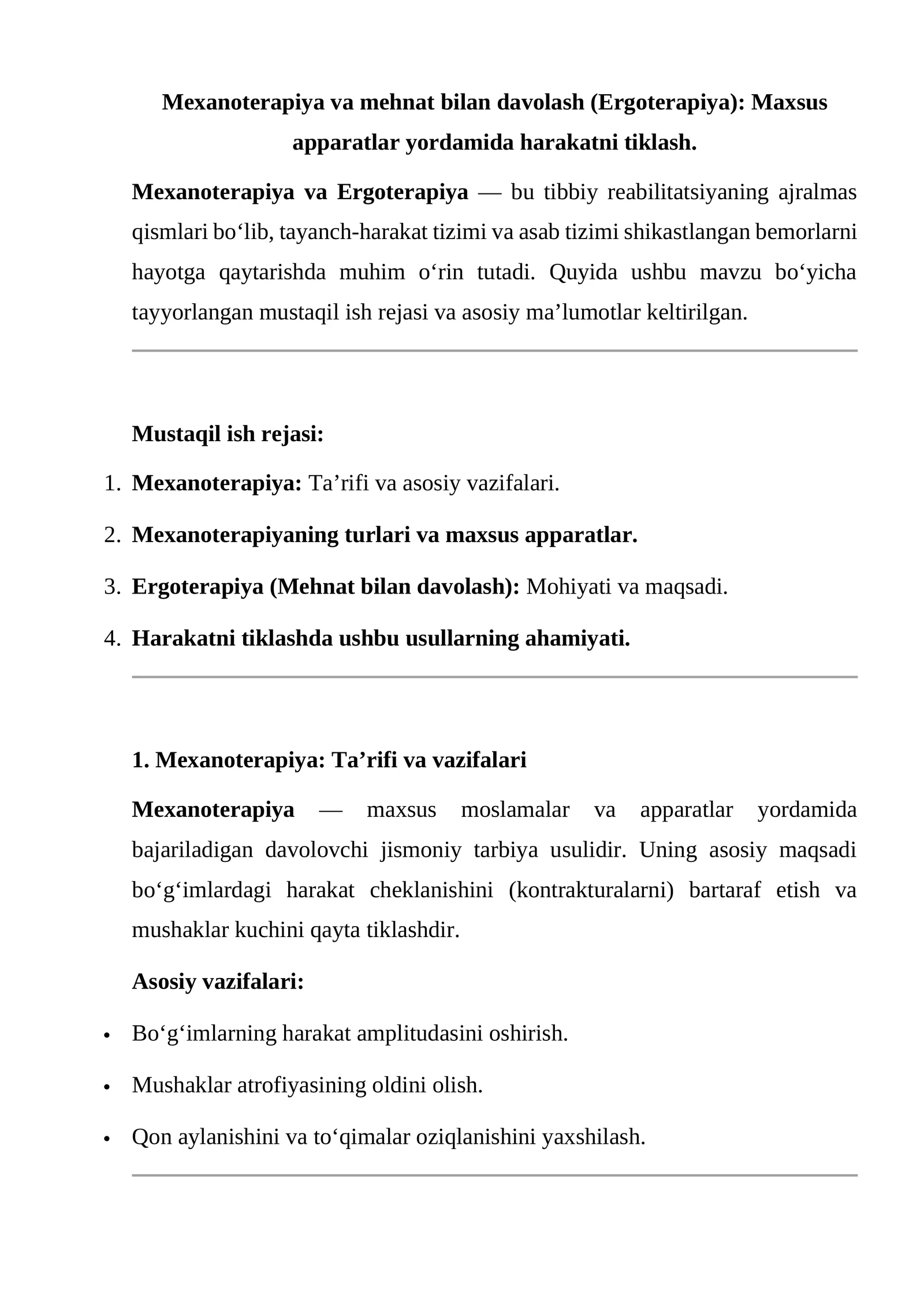 Mexanoterapiya va mehnat bilan davolash (Ergoterapiya)
