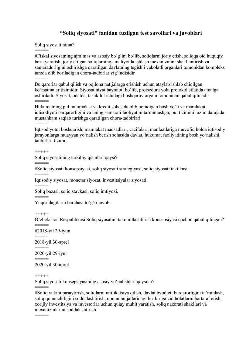 “Soliq siyosati” fanidan tuzilgan test savollari va javoblari