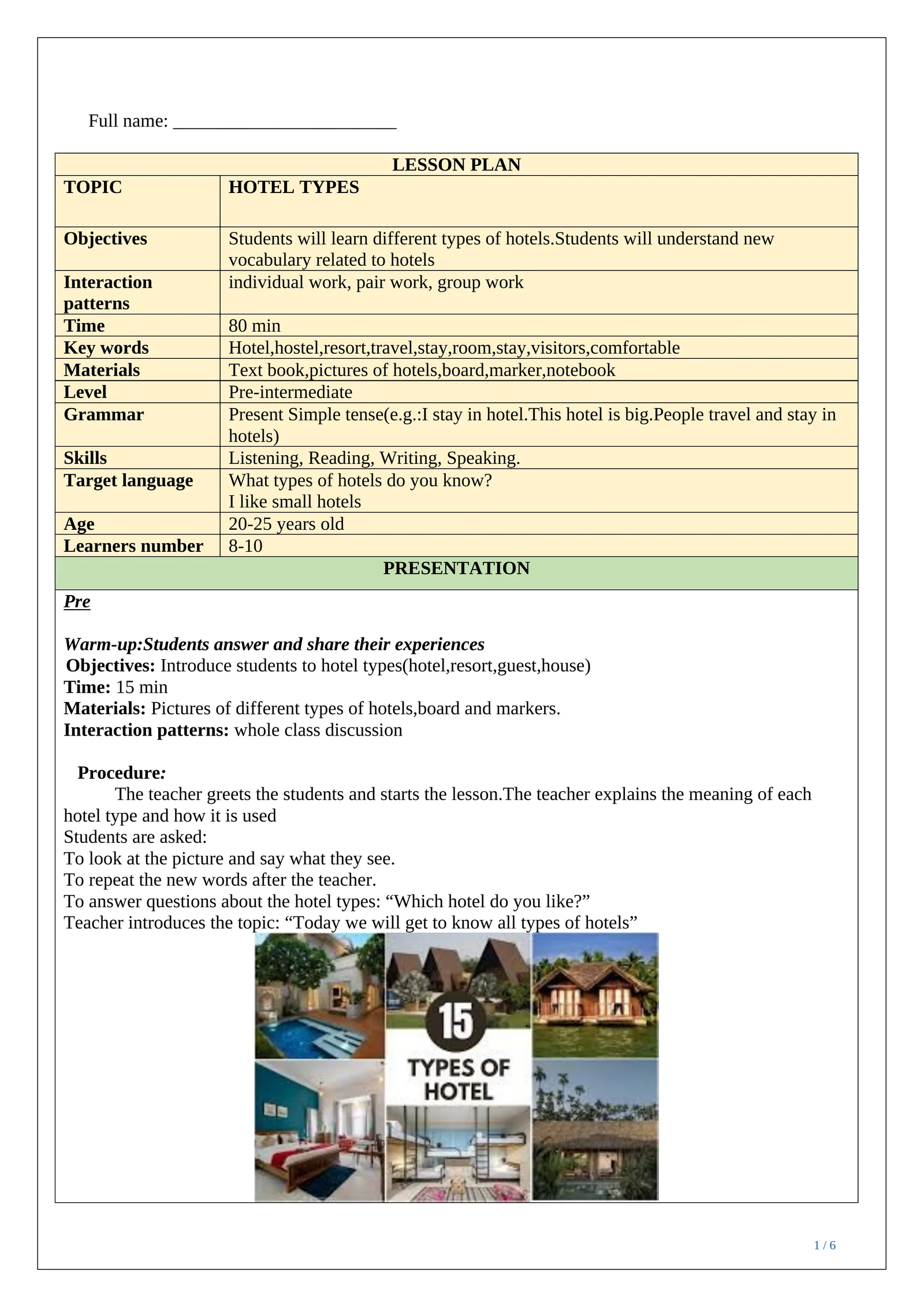 LESSON PLAN ESP hotel types