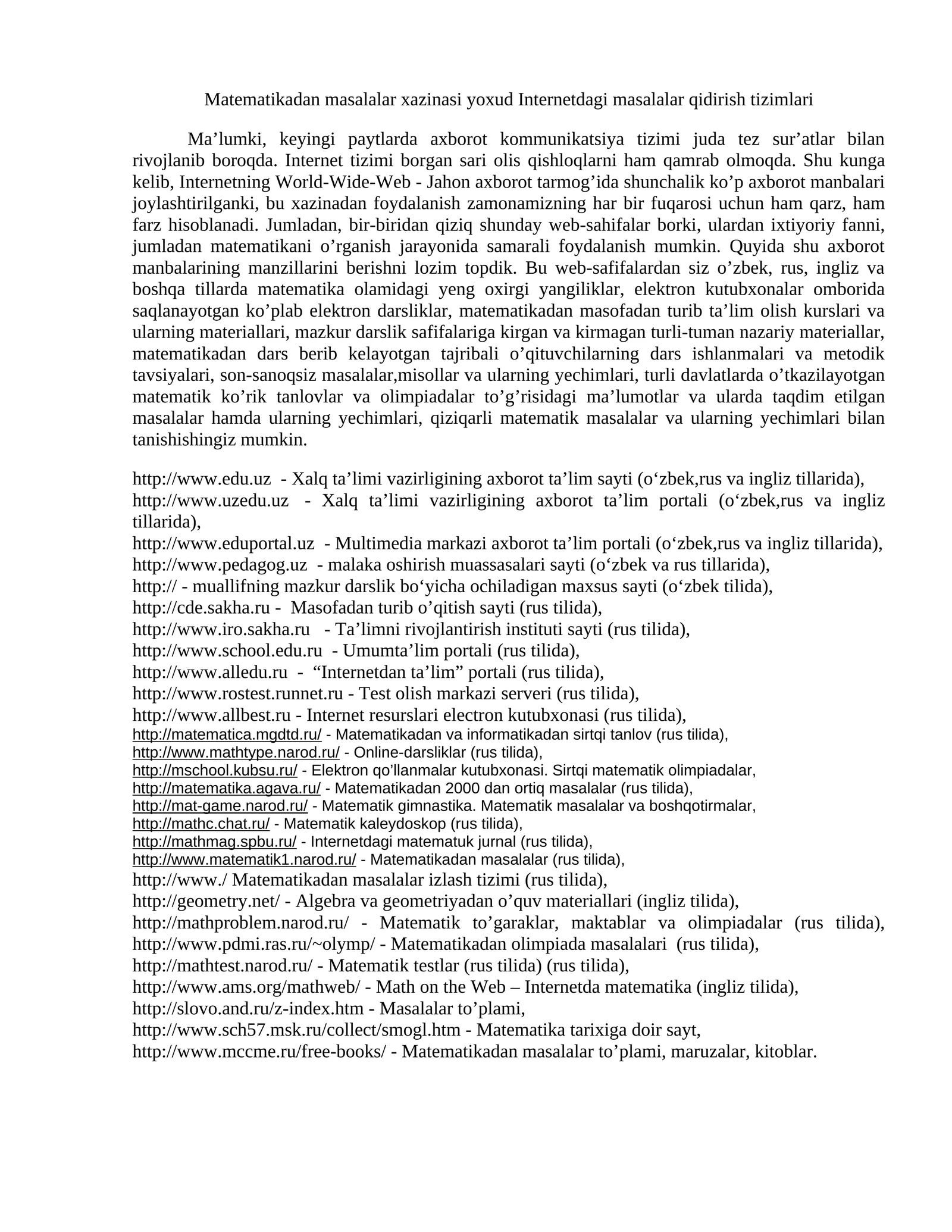 Internetdagi masalalar qidirish tizimlari