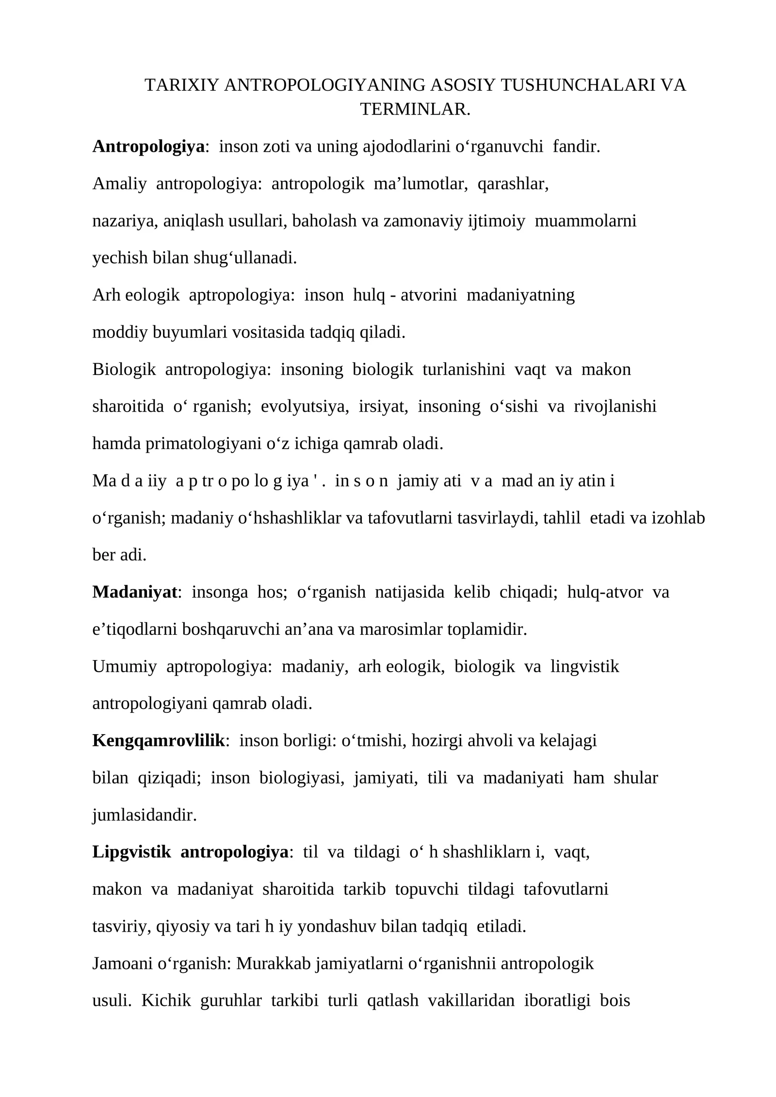TARIXIY ANTROPOLOGIYANING ASOSIY TUSHUNCHALARI VA TERMINLAR
