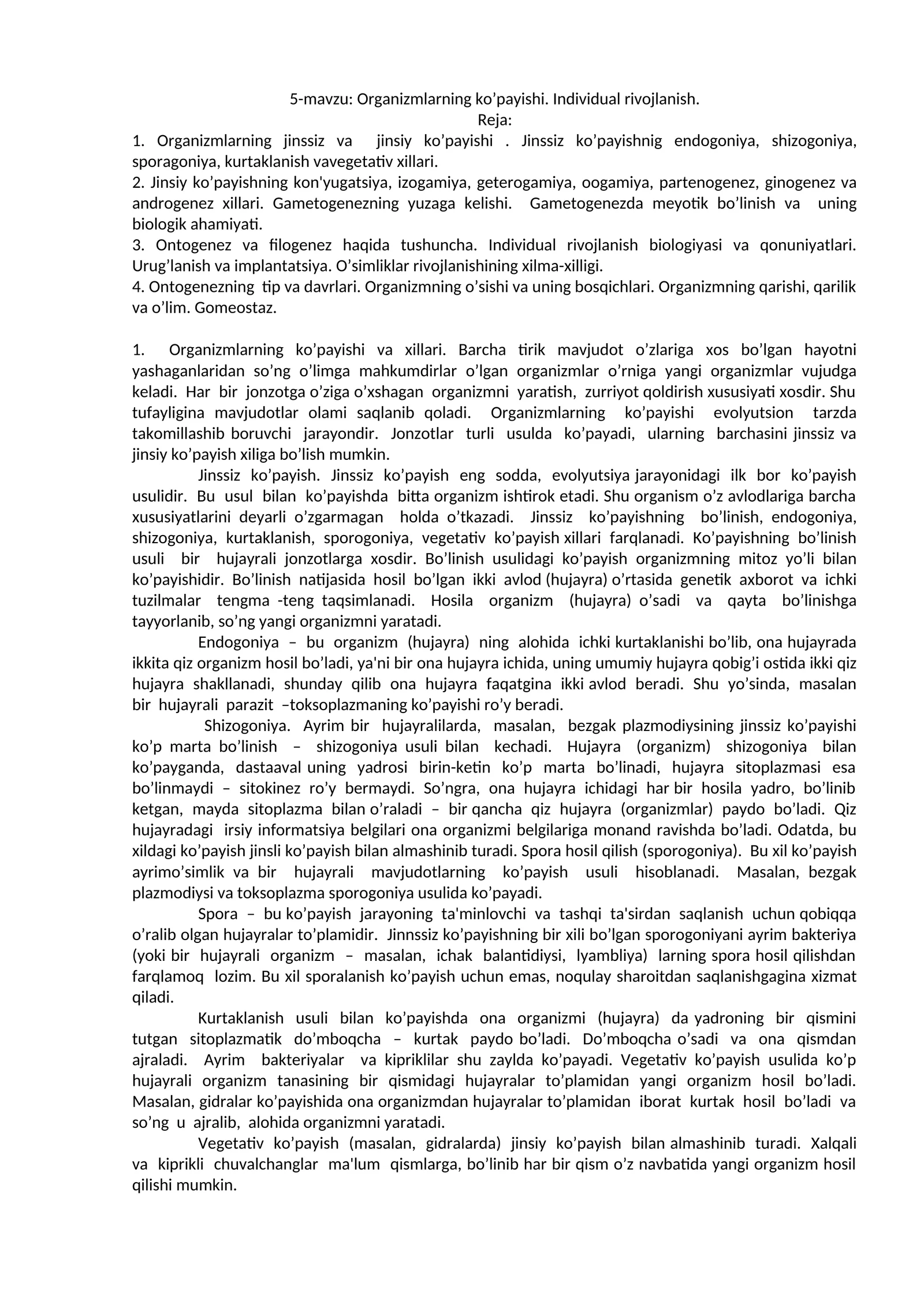 Organizmlarning ko’payishi. Individual rivojlanish