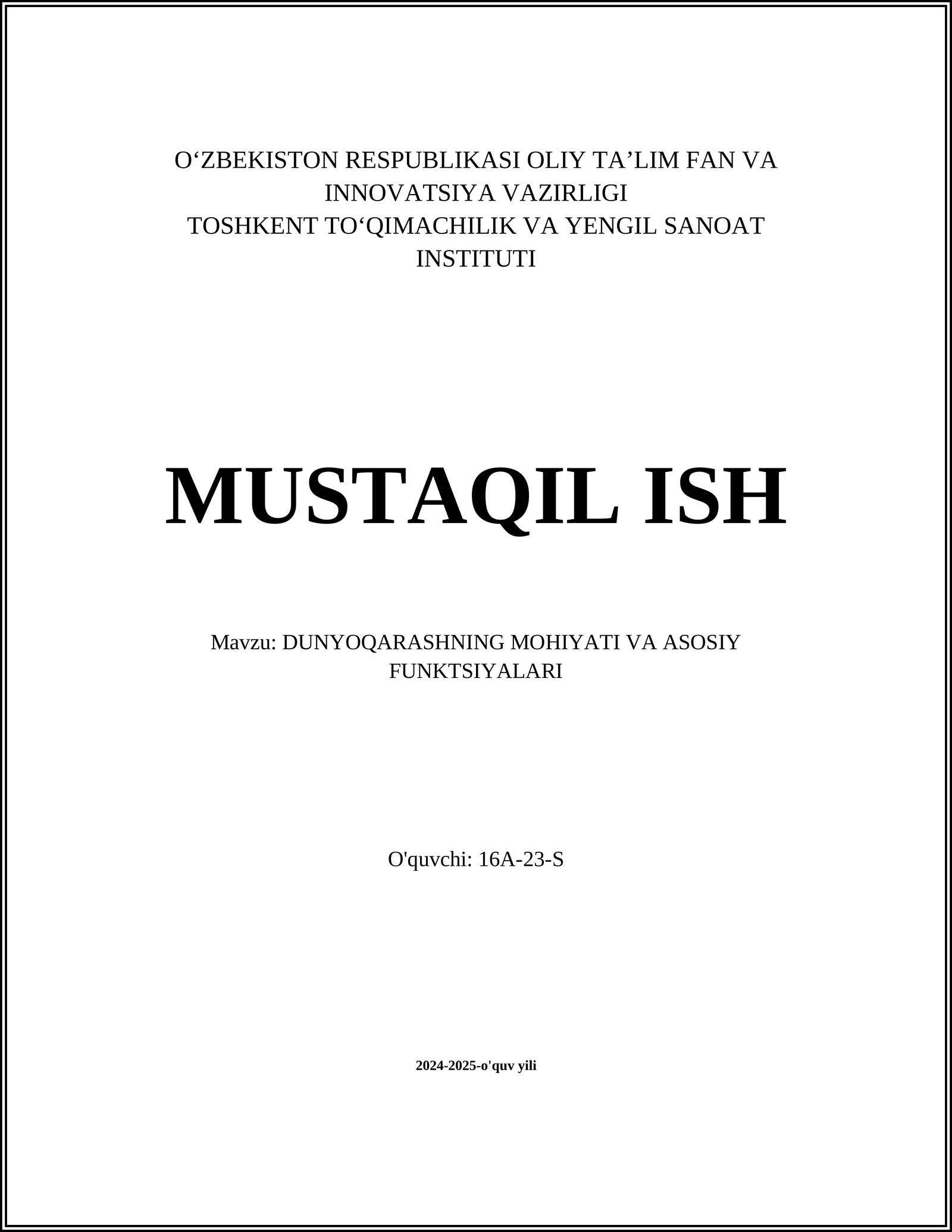 DUNYOQARASHNING MOHIYATI VA ASOSIY FUNKTSIYALARI