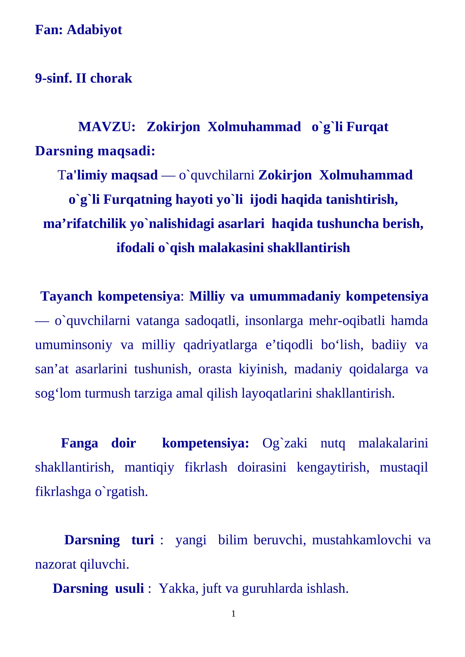 9-sinf Adabiyot Zokirjon Xolmuhammad o'g'li Furqat dars ishlanma