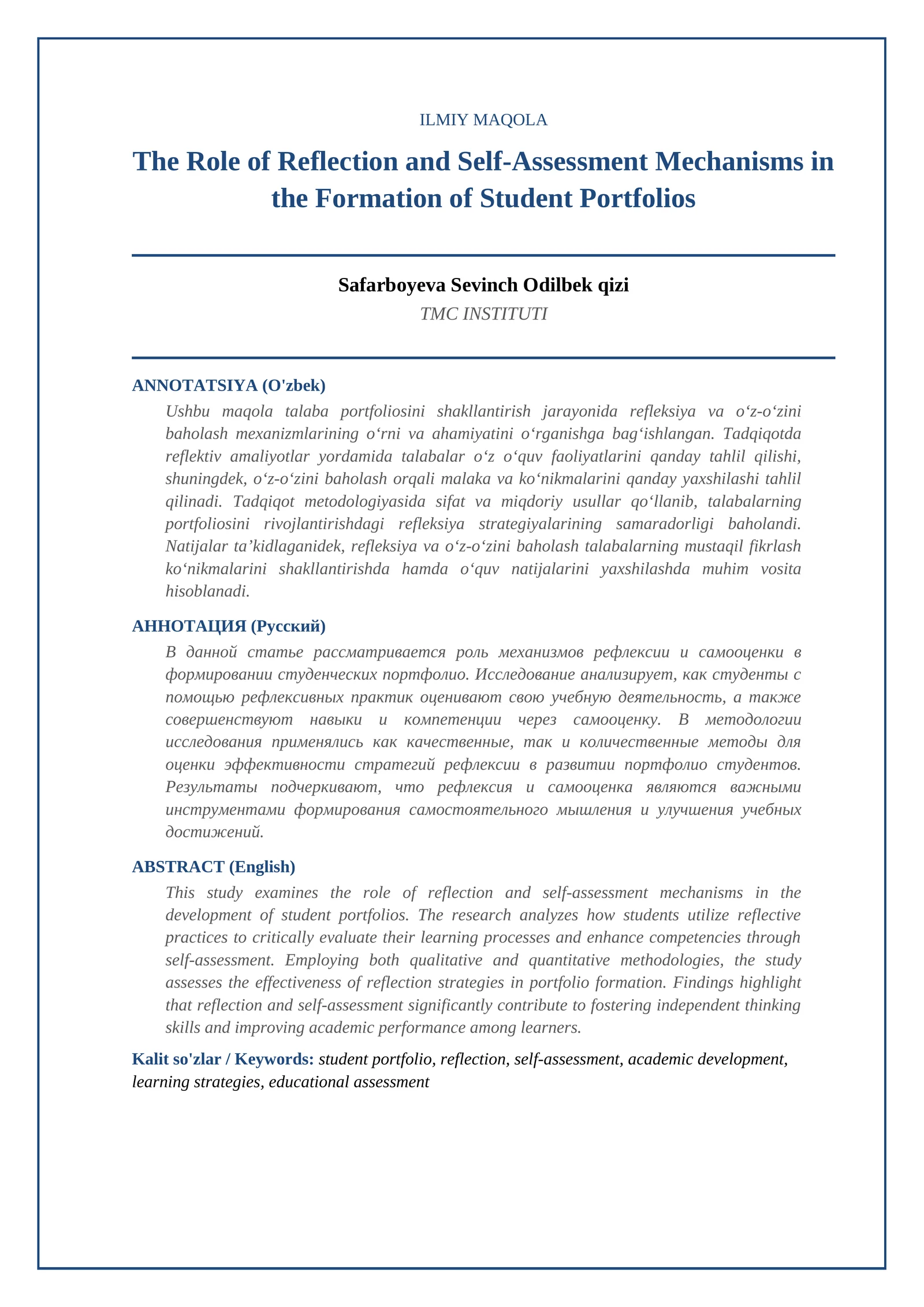 The Role of Reflection and Self-Assessment Mechanisms in the Formation of Student Portfolios
