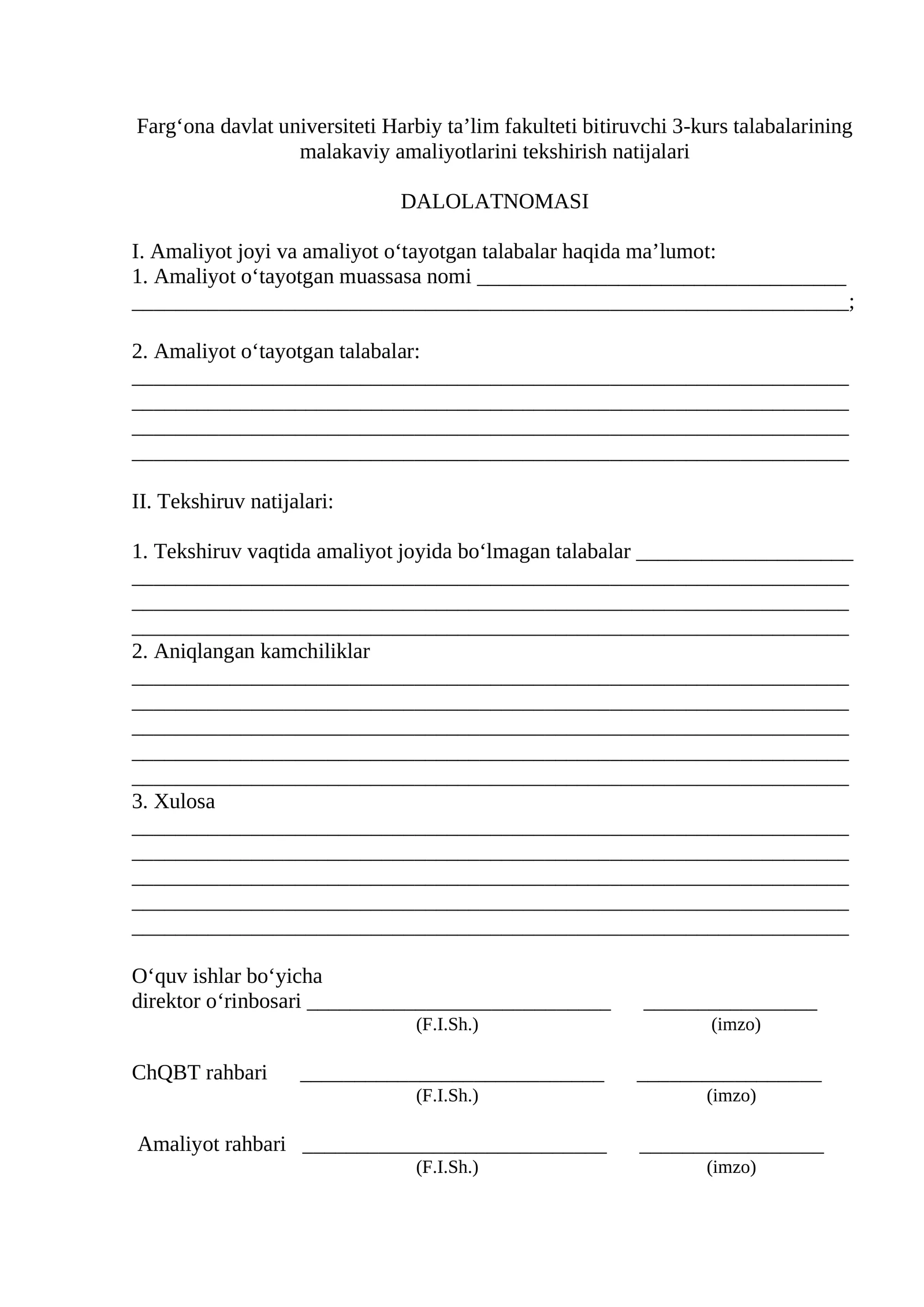Farg‘ona davlat universiteti Harbiy ta’lim fakulteti bitiruvchi 3-kurs talabalarining malakaviy amaliyotlarini tekshirish natijalari