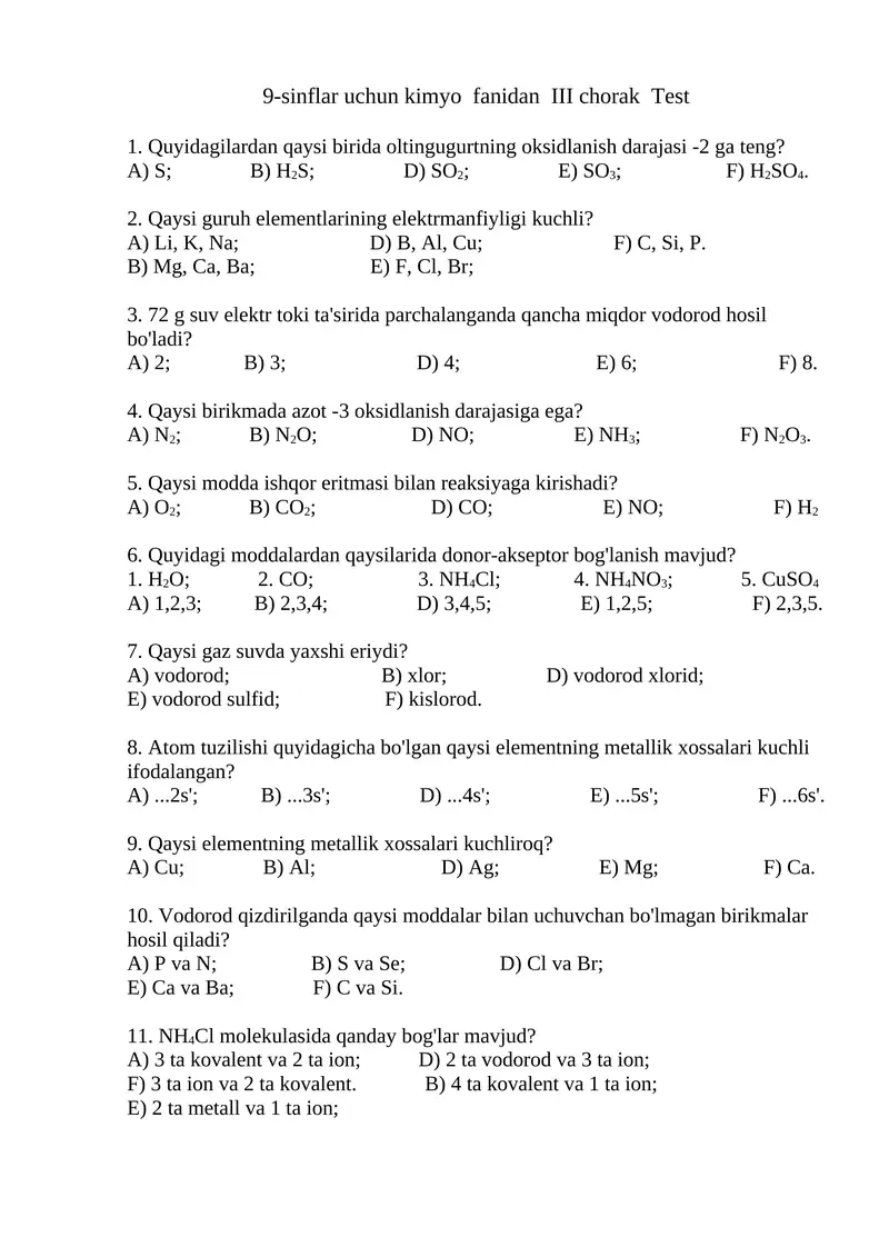 9-sinflar uchun kimyo fanidan III chorak Test