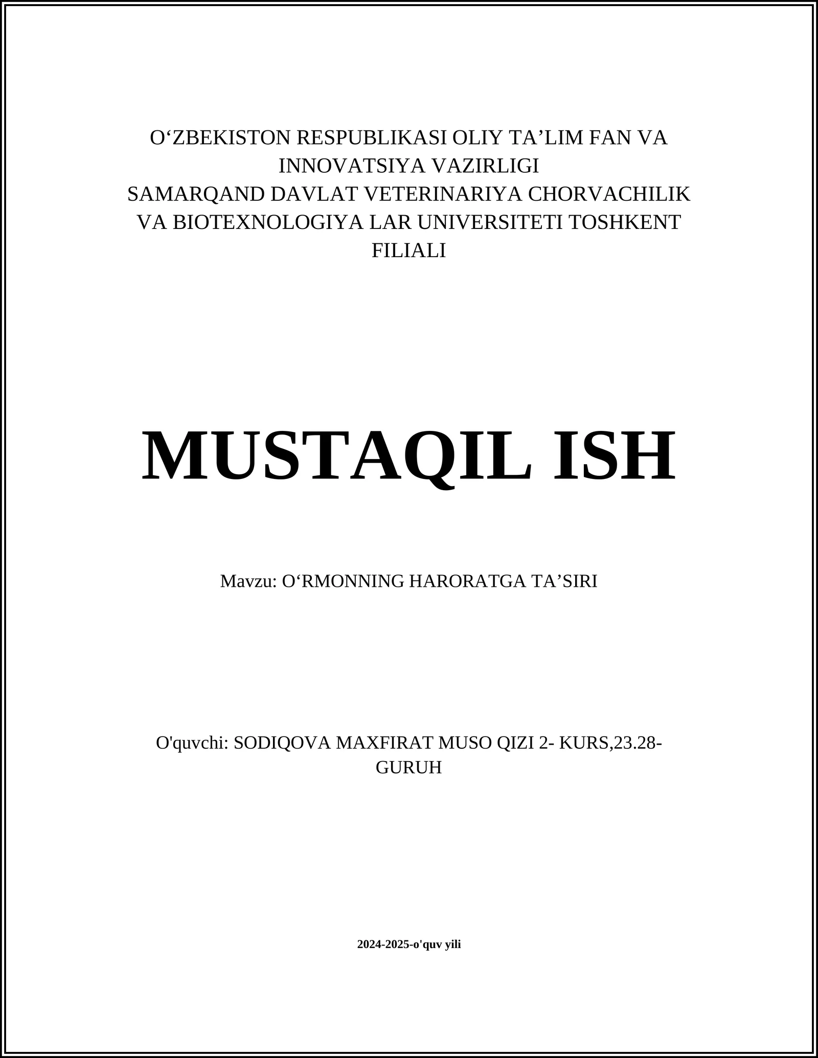 O‘RMONNING HARORATGA TAʼSIRI