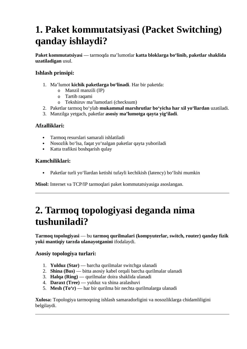 Paket kommutatsiyasi (Packet Switching)