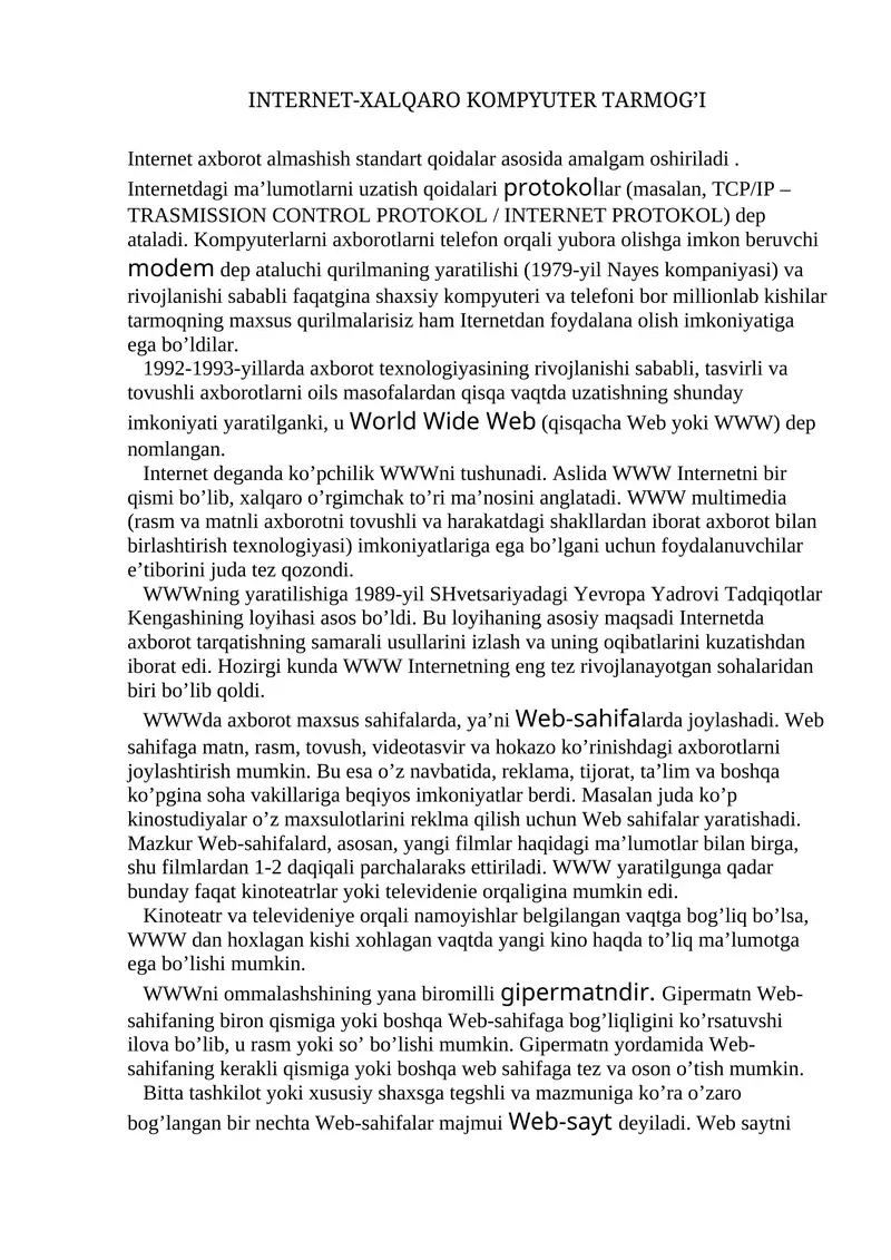 INTERNET-XALQARO KOMPYUTER TARMOG’I