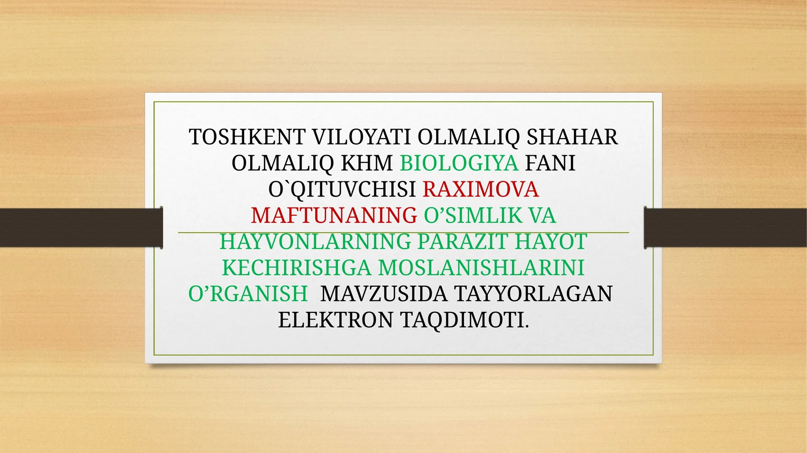 O’SIMLIK VA HAYVONLARNING PARAZIT HAYOT KECHIRISHGA MOSLANISHLARINIO’RGANISH