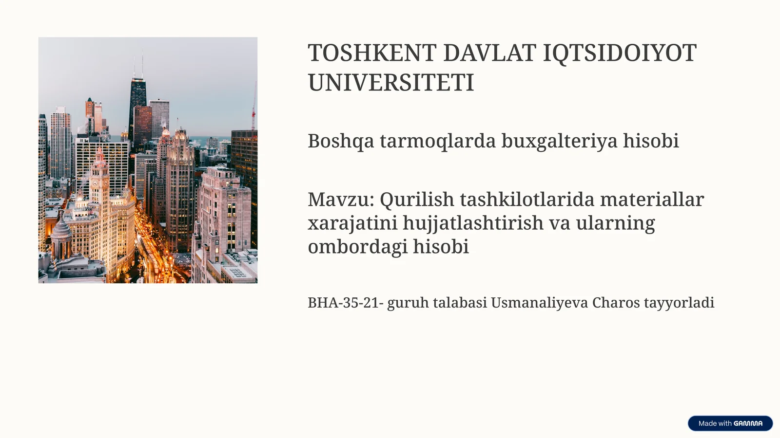 Qurilish tashkilotlarida materiallar xarajatini hujjatlashtirish va ularning ombordagi hisobi