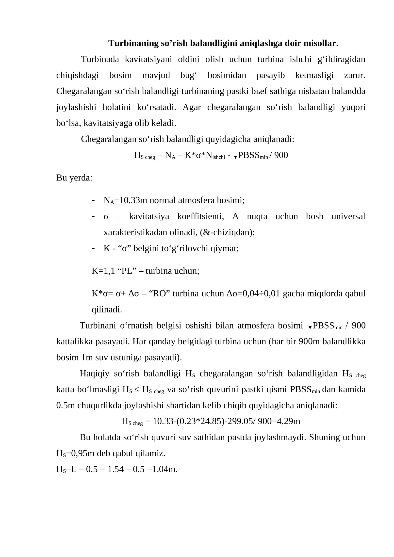 Turbinaning so’rish balandligini aniqlashga doir misollar
