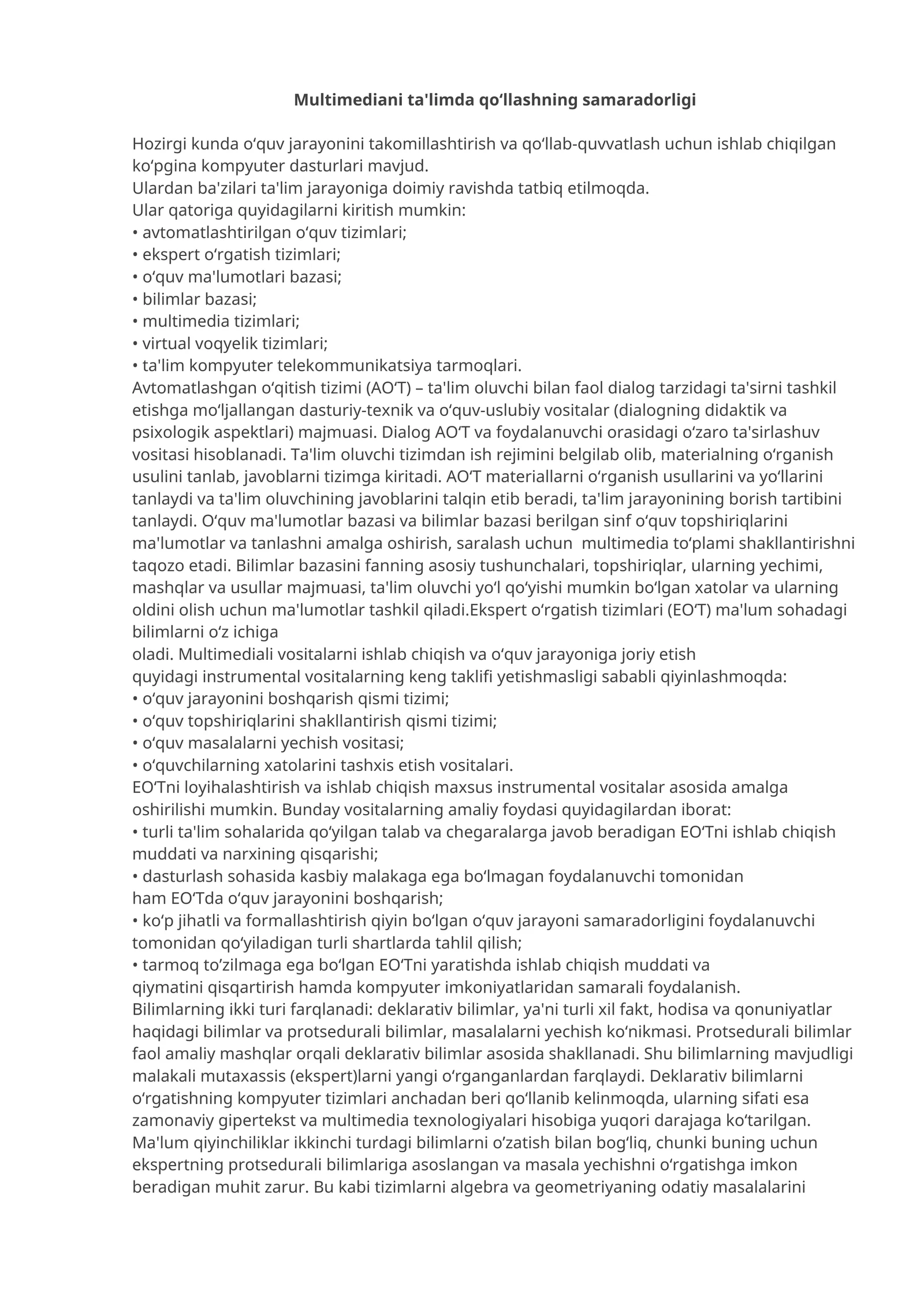 Multimediani ta'limda qo‘llashning samaradorligi
