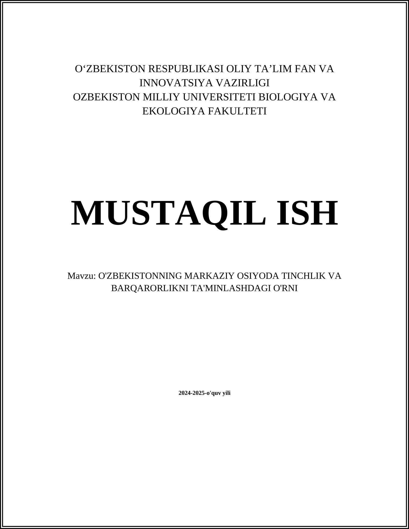 O'zbekistonning Markaziy Osiyoda Tinchlik va Barqarorlikni Ta'minlashdagi O'rni