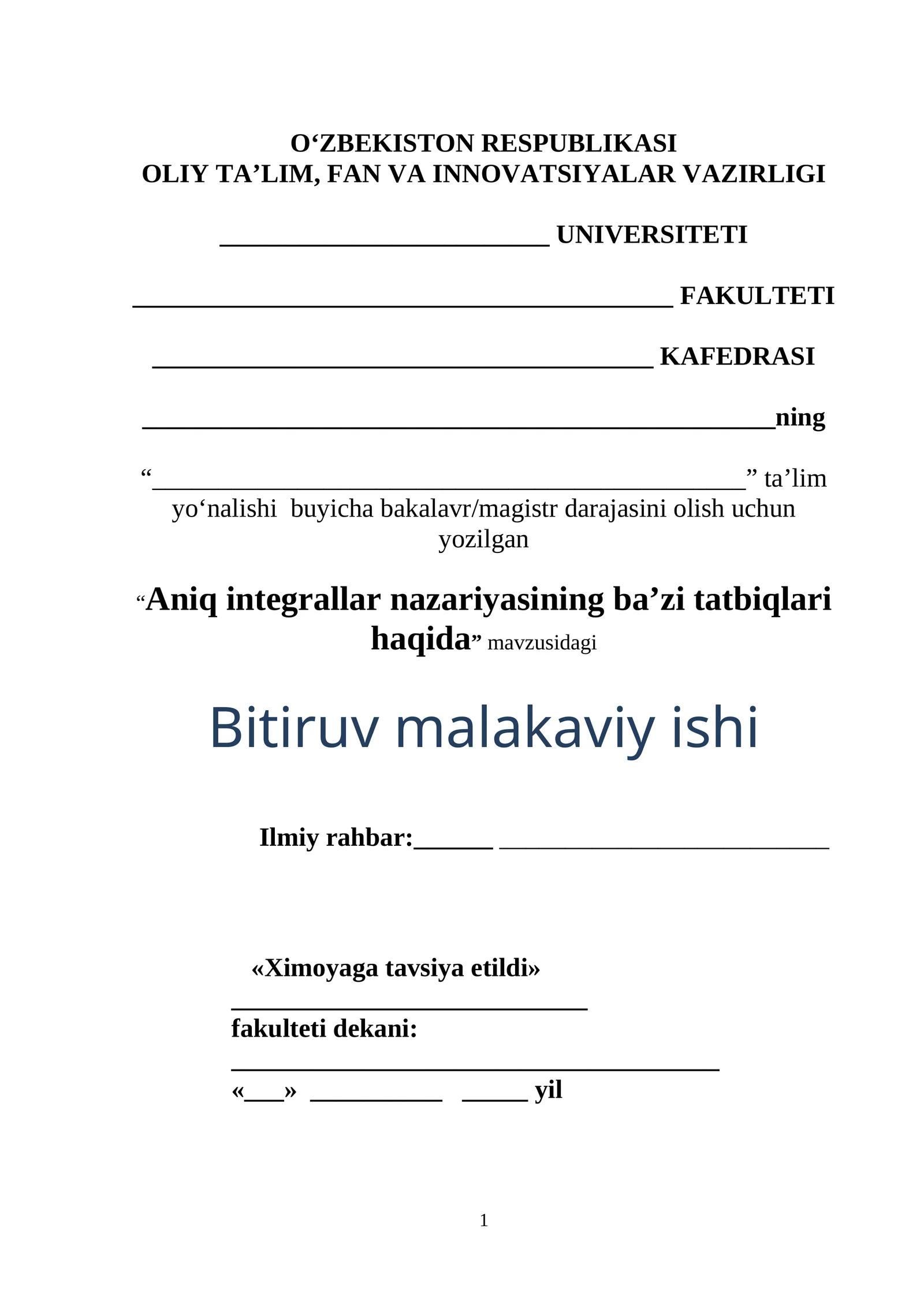 Aniq integrallar nazariyasining ba’zi tatbiqlari haqida
