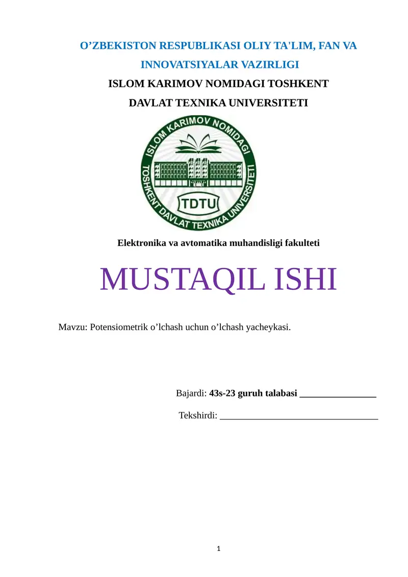 Potensiometrik o’lchash uchun o’lchash yacheykasi