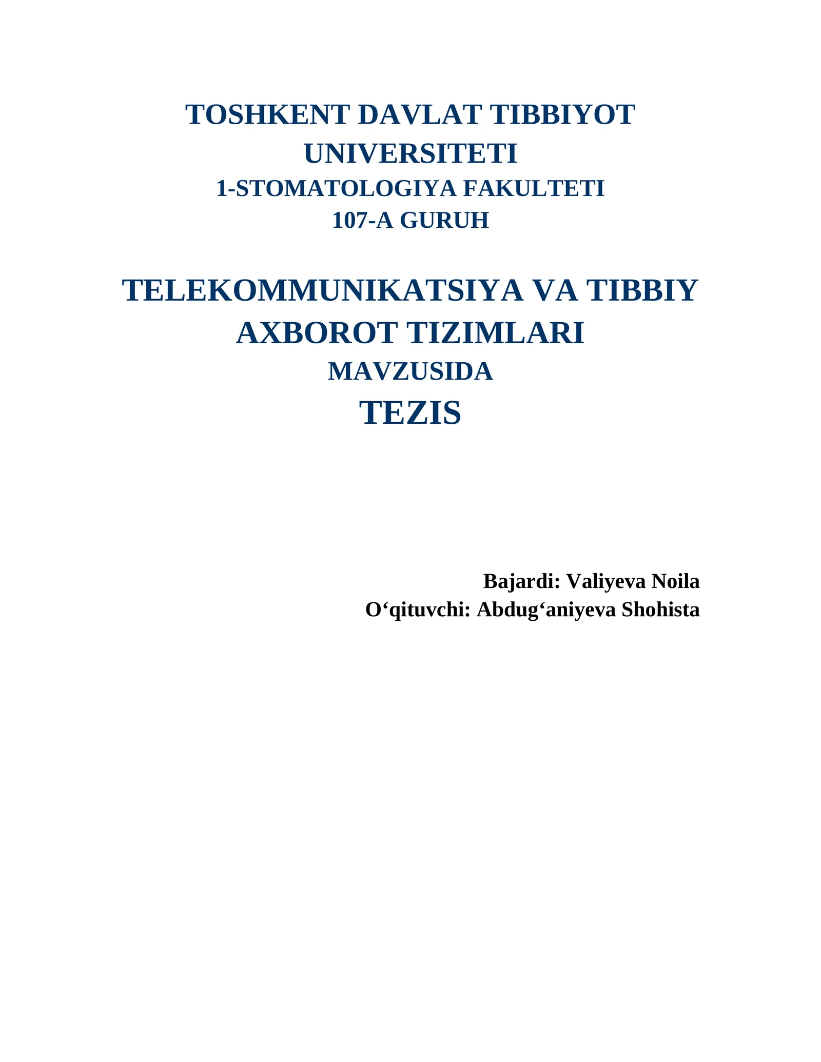 TELEKOMMUNIKATSIYA VA TIBBIY AXBOROT TIZIMLARI
