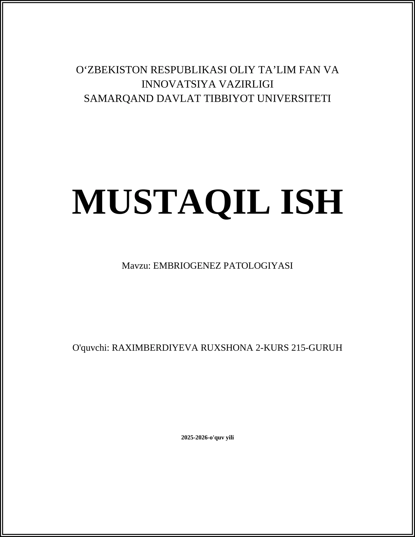 EMBRIOGENEZ PATOLOGIYASI