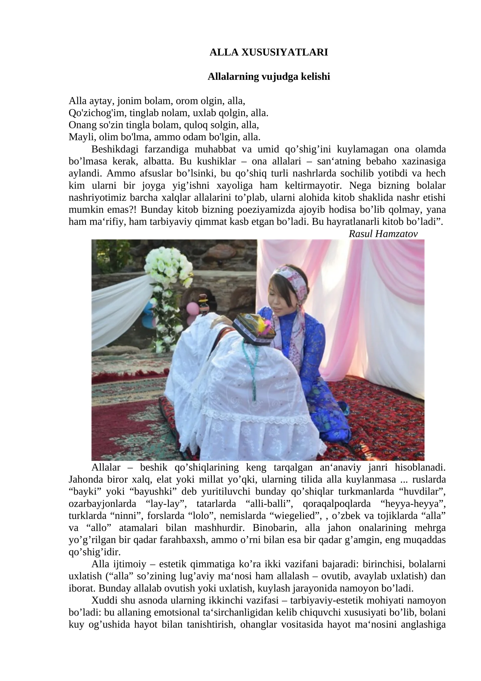ALLA XUSUSIYATLARI