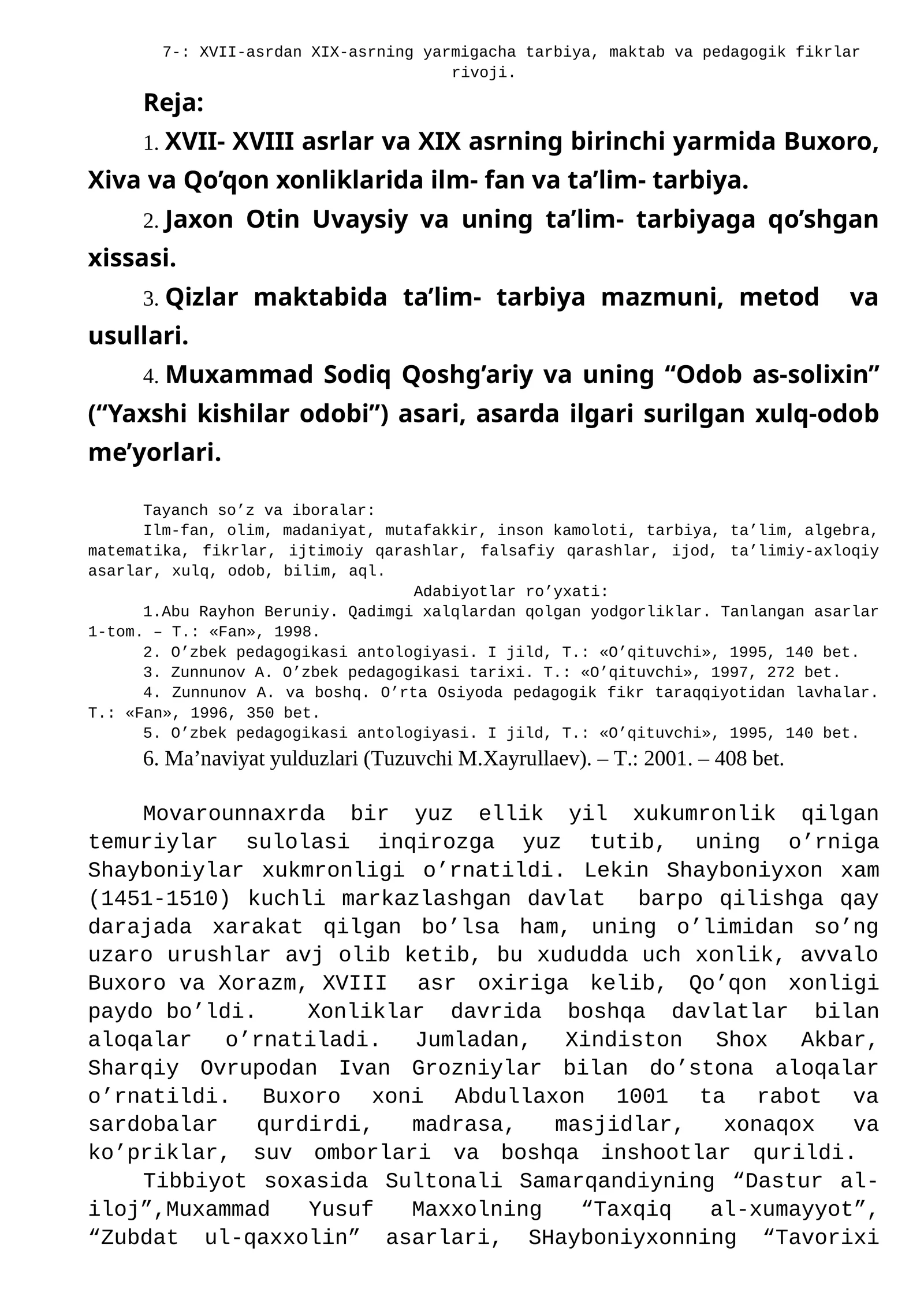 XVII-asrdan XIX-asrning yarmigacha tarbiya, maktab va pedagogik fikrlar rivoji