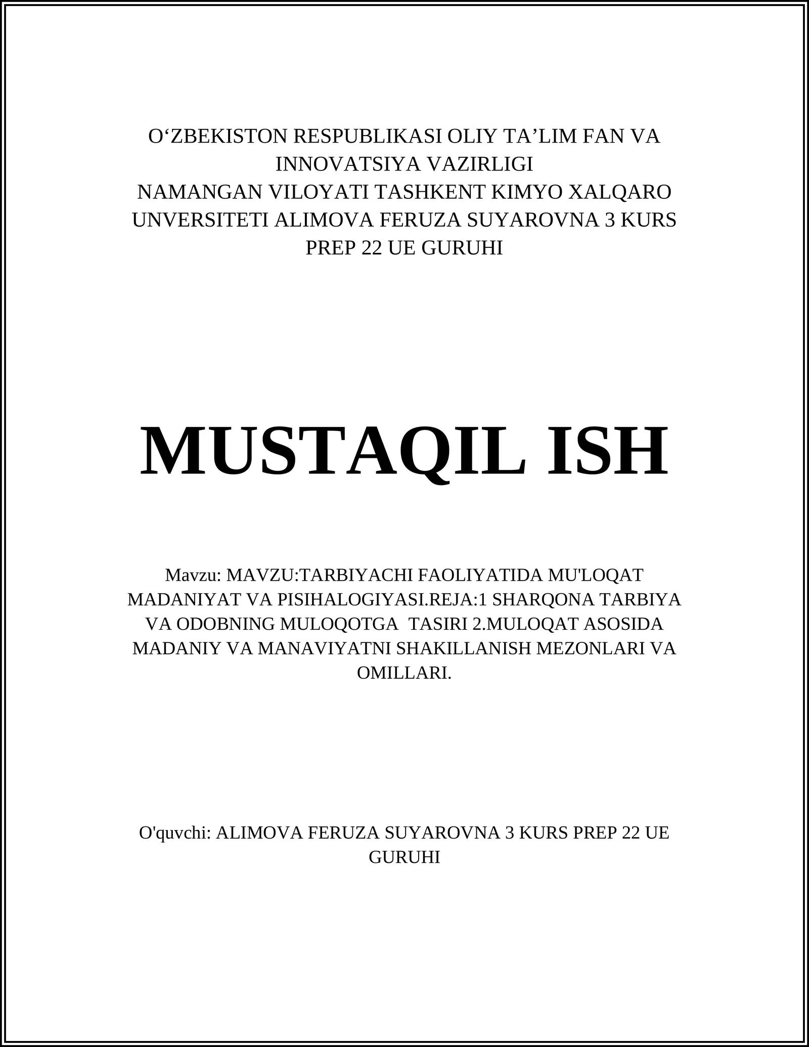 TARBIYACHI FAOLIYATIDA MU'LOQAT MADANIYAT VA PISIHALOGIYASI