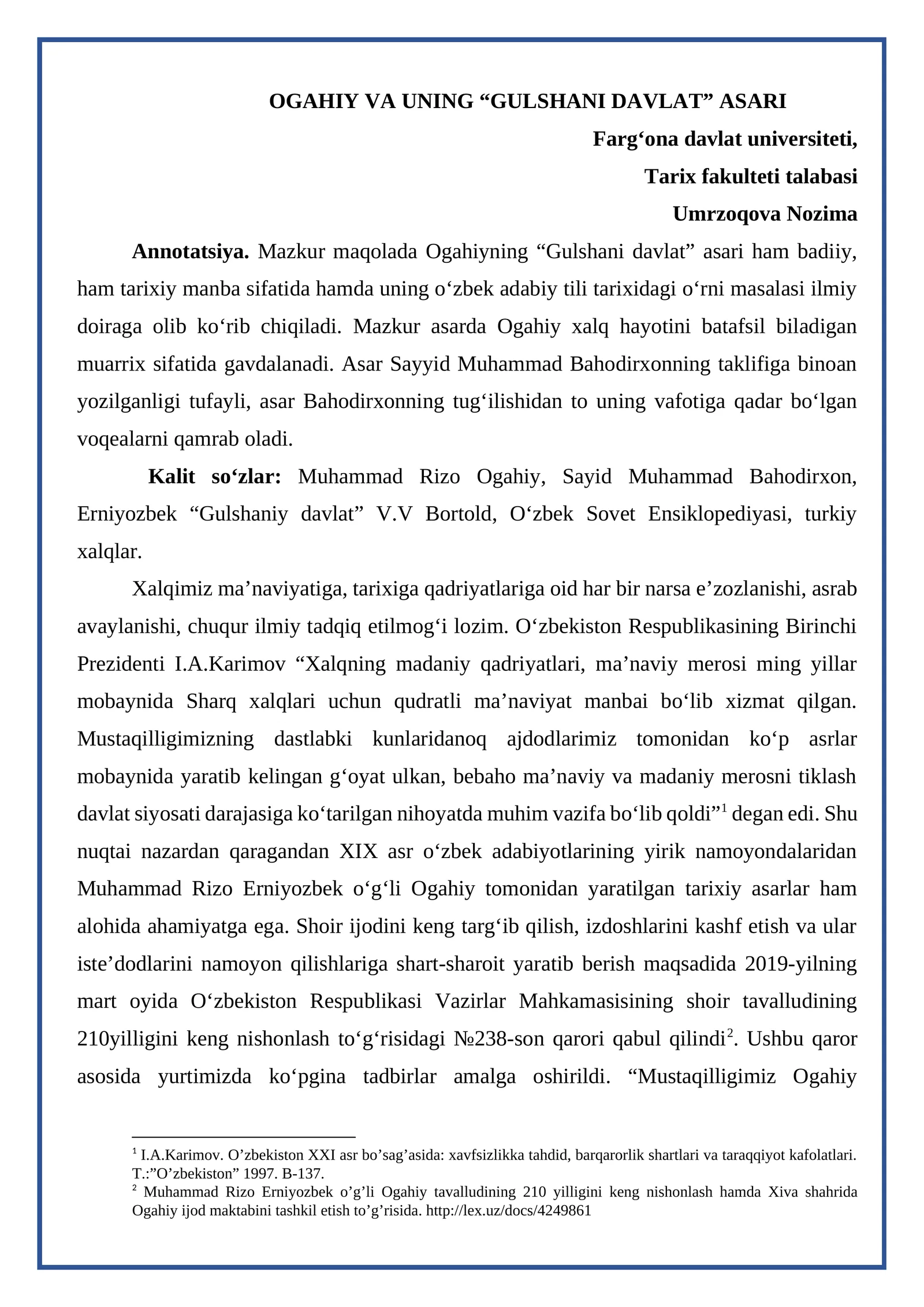OGAHIY VA UNING “GULSHANI DAVLAT” ASARI