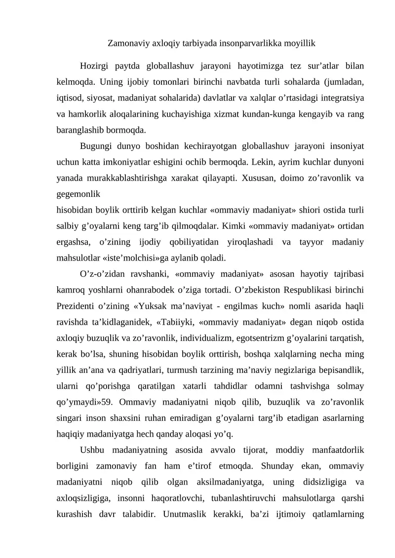 Zamonaviy axloqiy tarbiyada insonparvarlikka moyillik