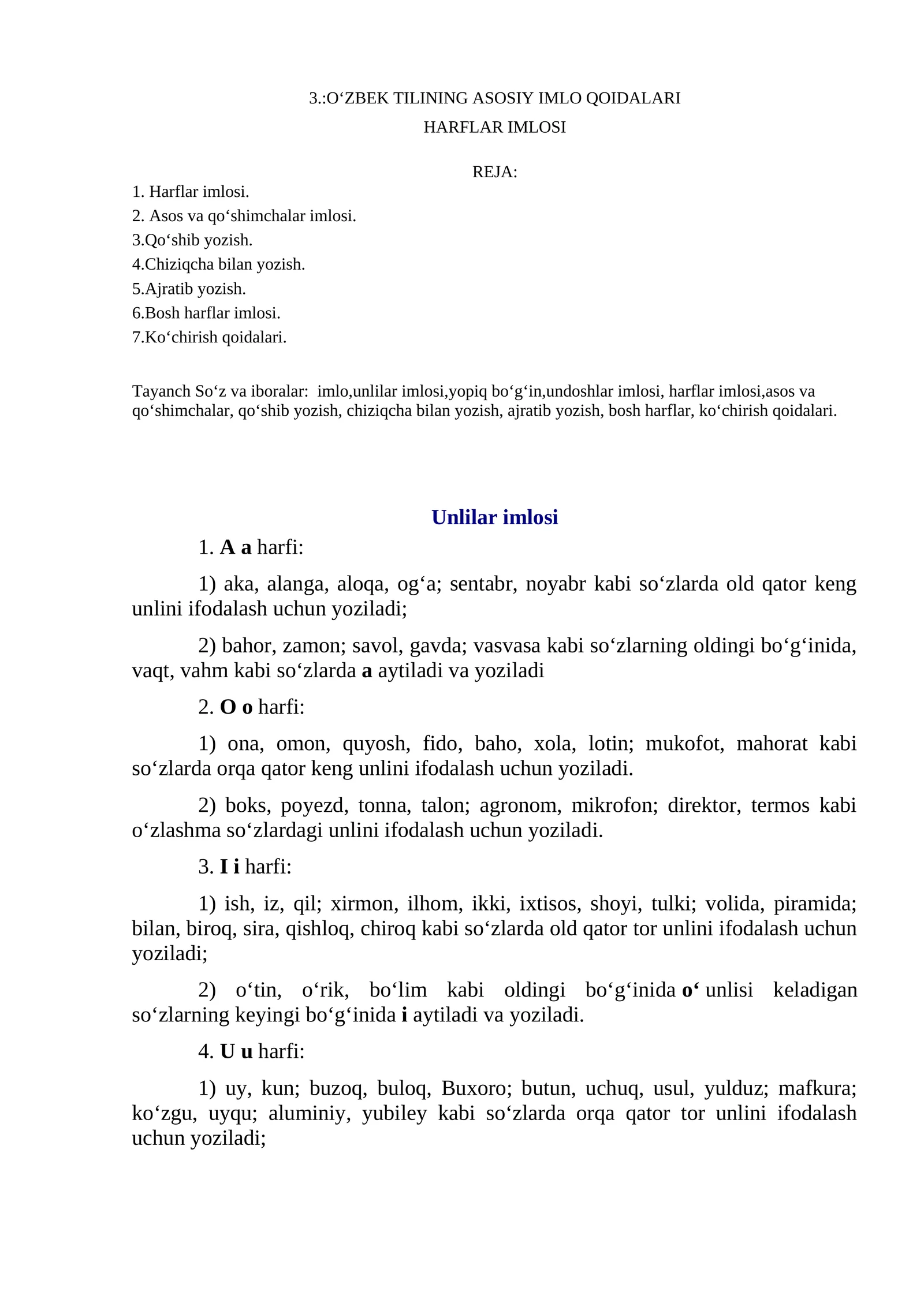 O'ZBEK TILINING ASOSIY IMLO QOIDALARI