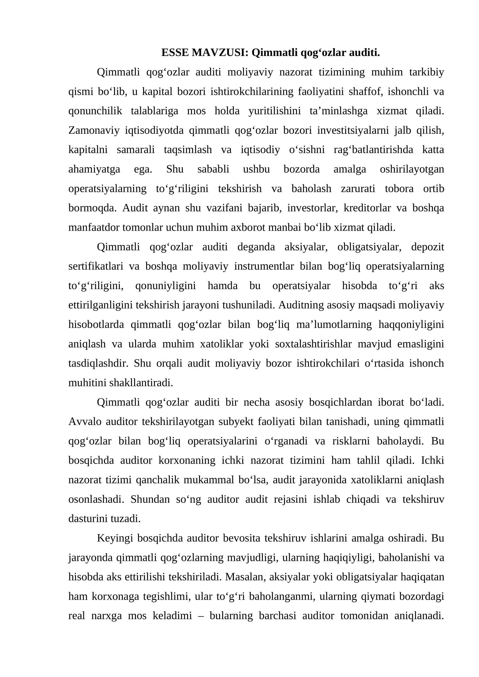Qimmatli qogʻozlar auditi. esse